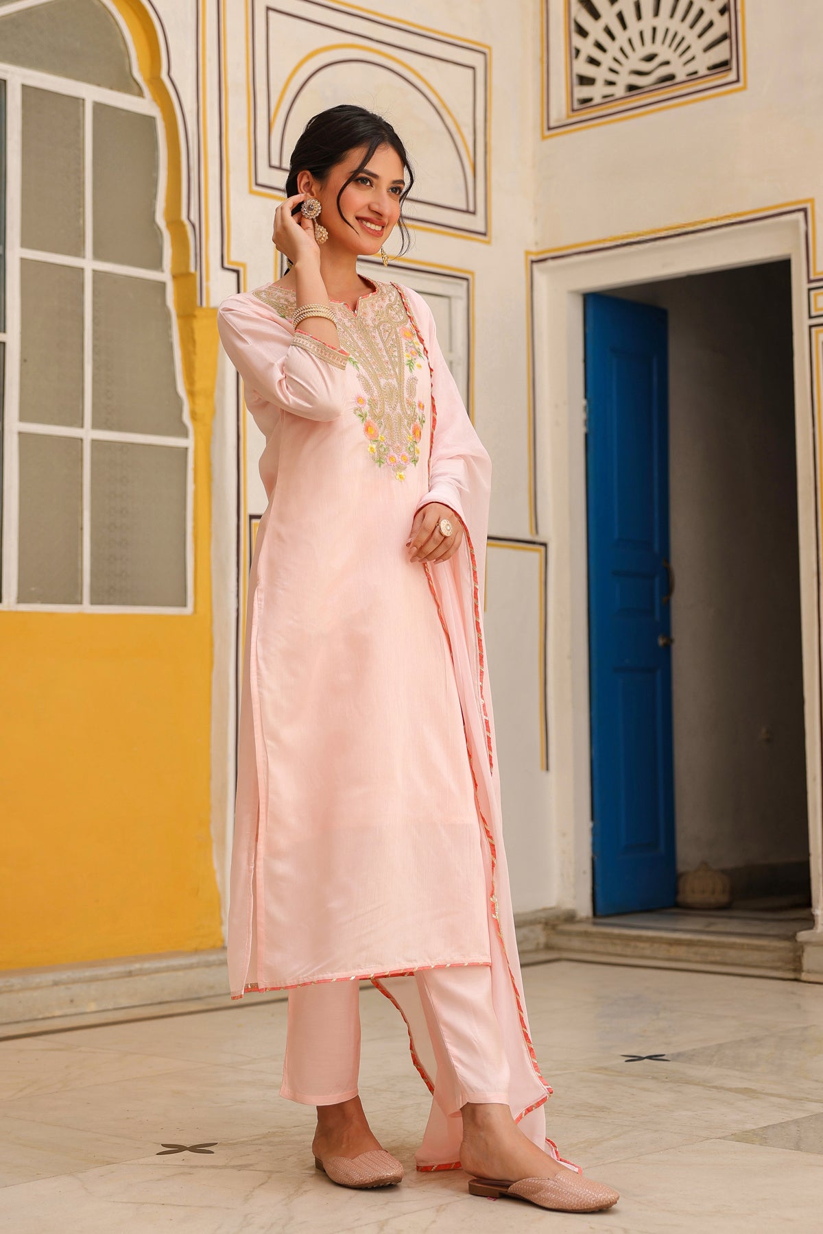 Peach Chanderi Silk Zari Embroidered Straight Suit Set