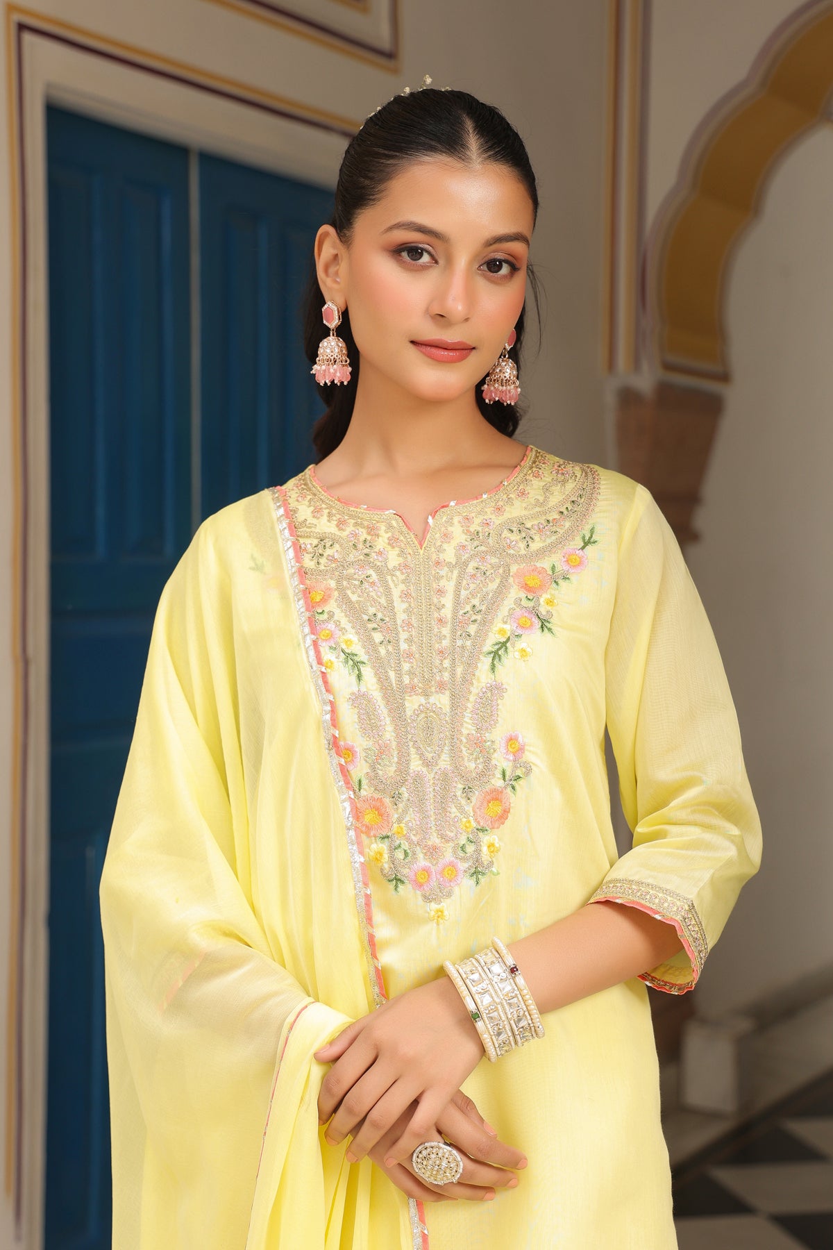 Yellow Chanderi Silk Zari Embroidered Straight Suit Set