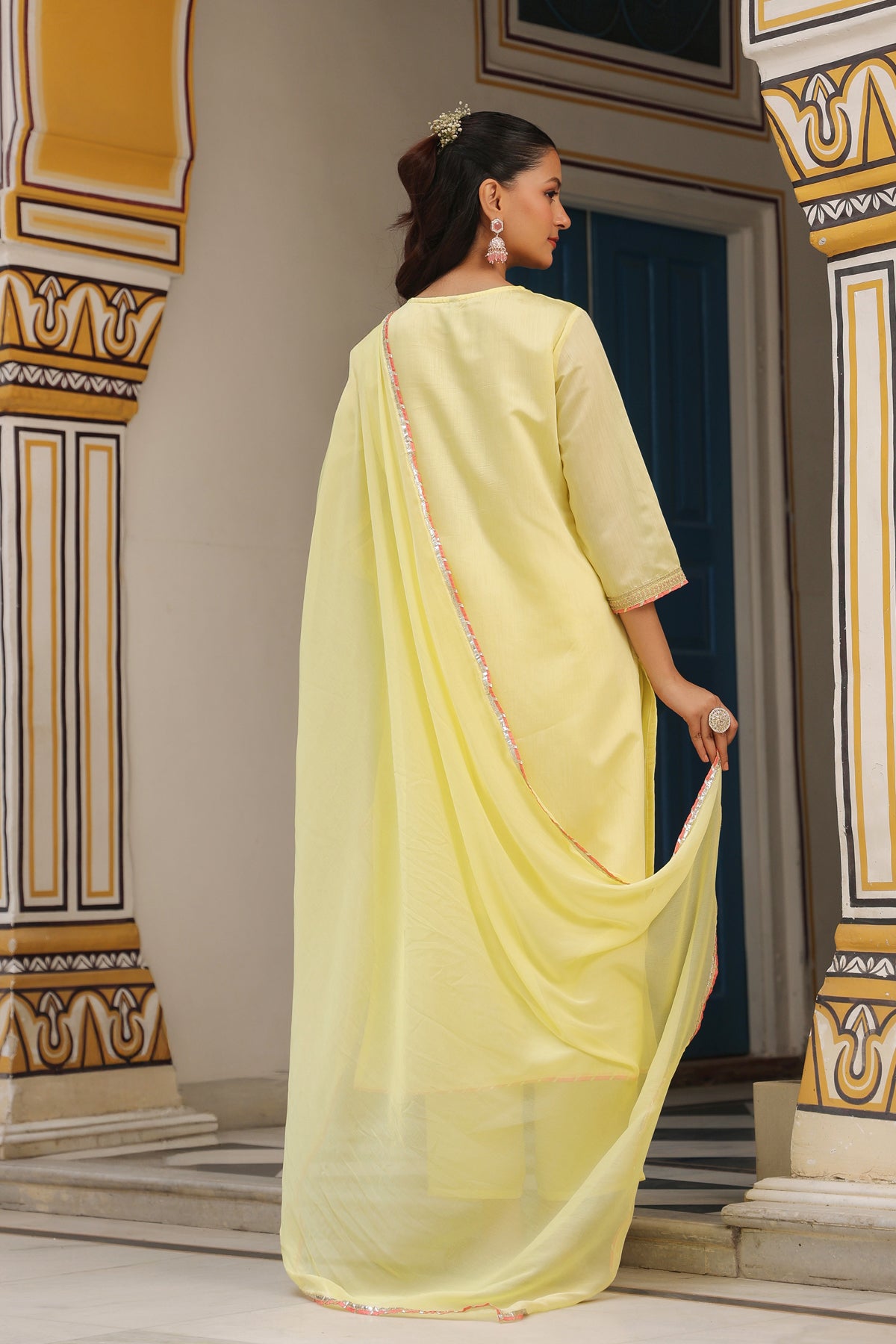 Yellow Chanderi Silk Zari Embroidered Straight Suit Set