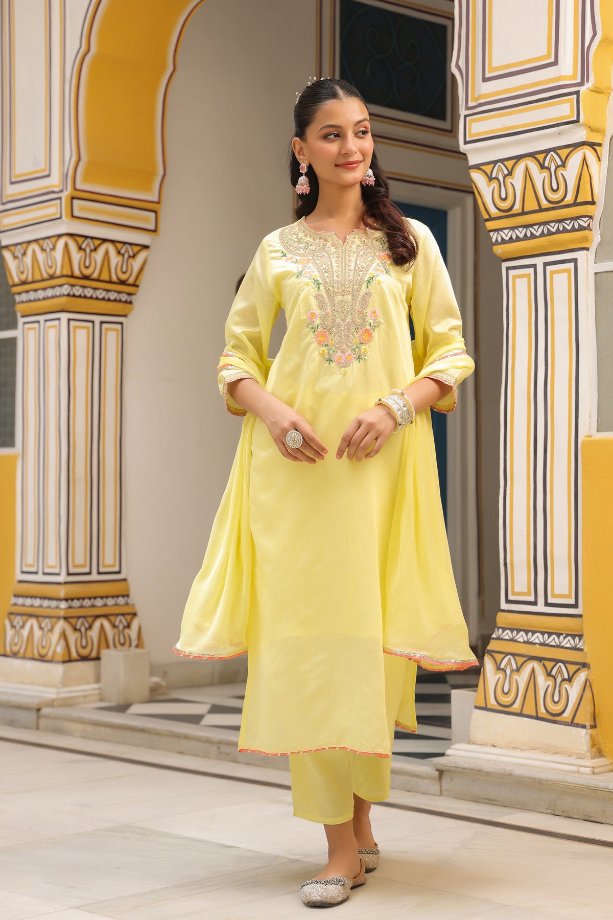 Yellow Chanderi Silk Zari Embroidered Straight Suit Set