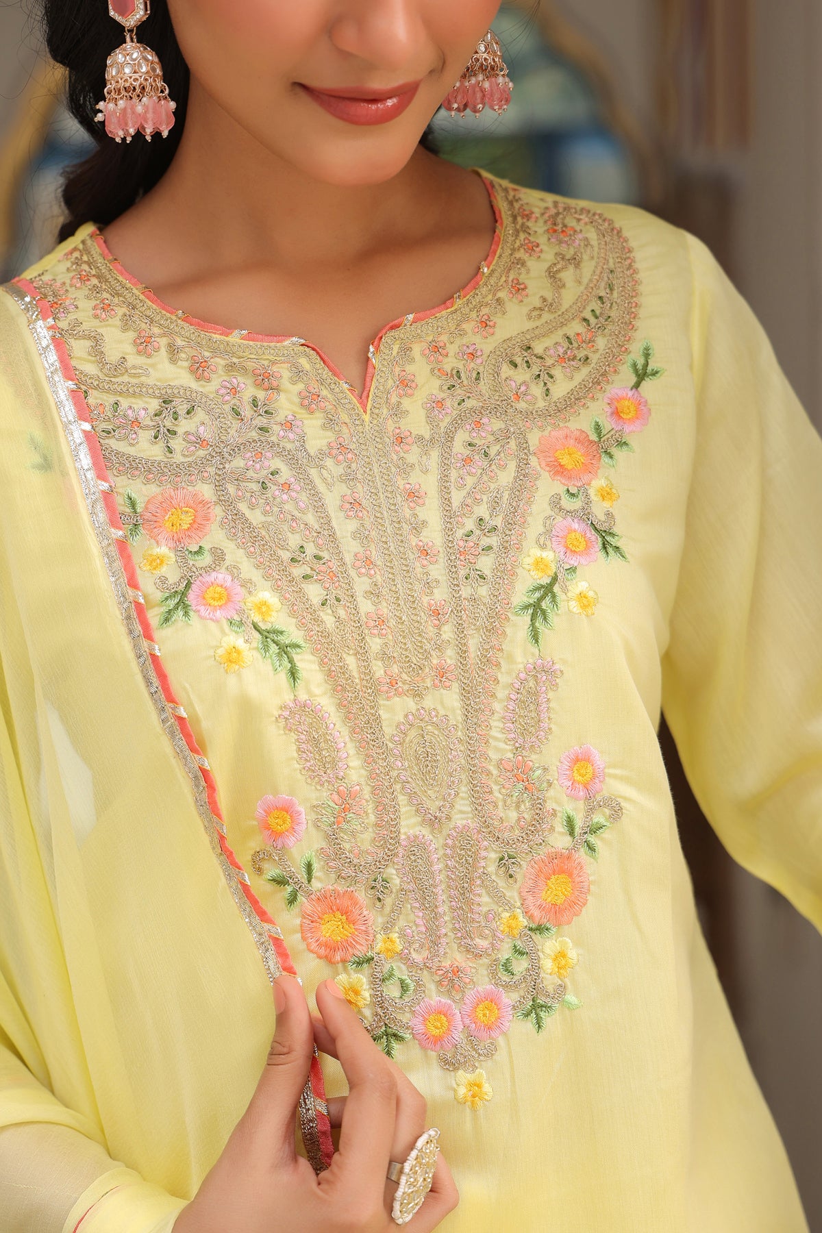 Yellow Chanderi Silk Zari Embroidered Straight Suit Set
