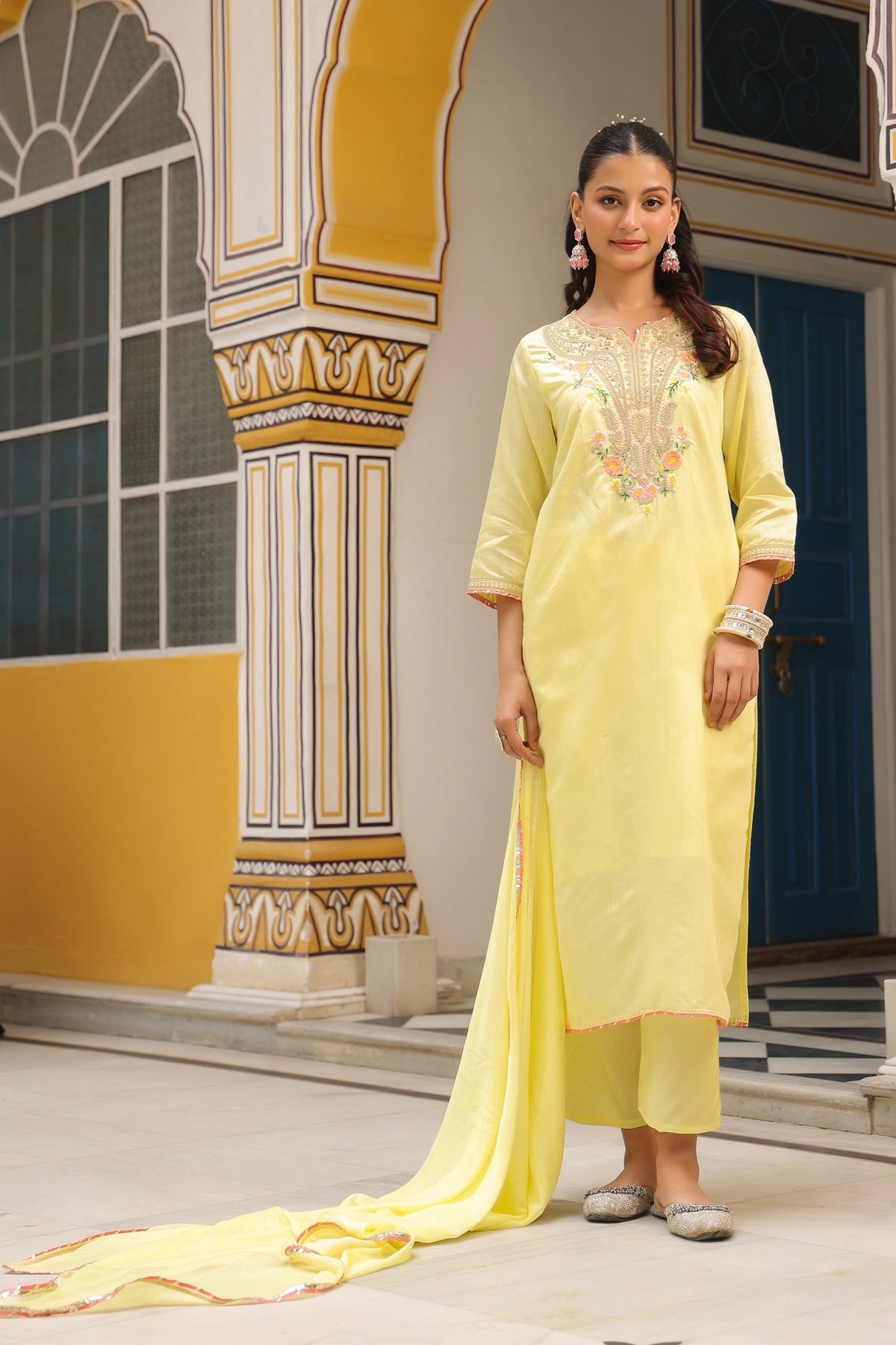 Yellow Chanderi Silk Zari Embroidered Straight Suit Set