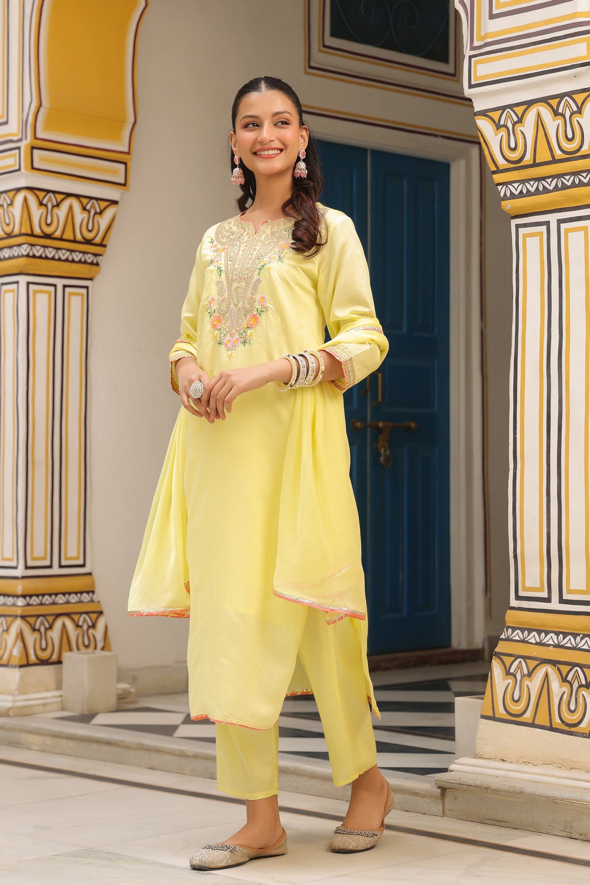 Yellow Chanderi Silk Zari Embroidered Straight Suit Set