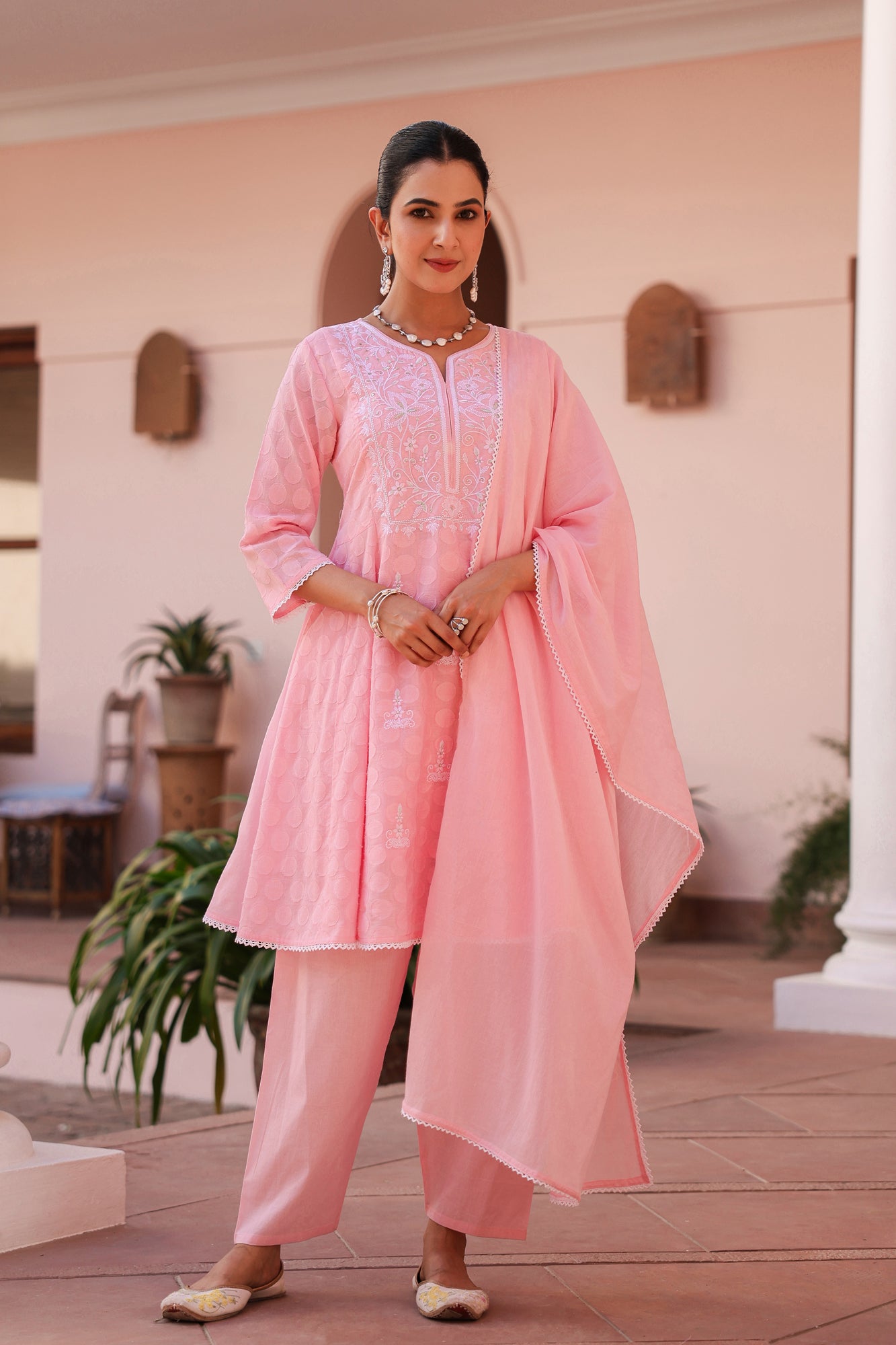 Pink Jacquard Cotton Chikankari Anarkali Set