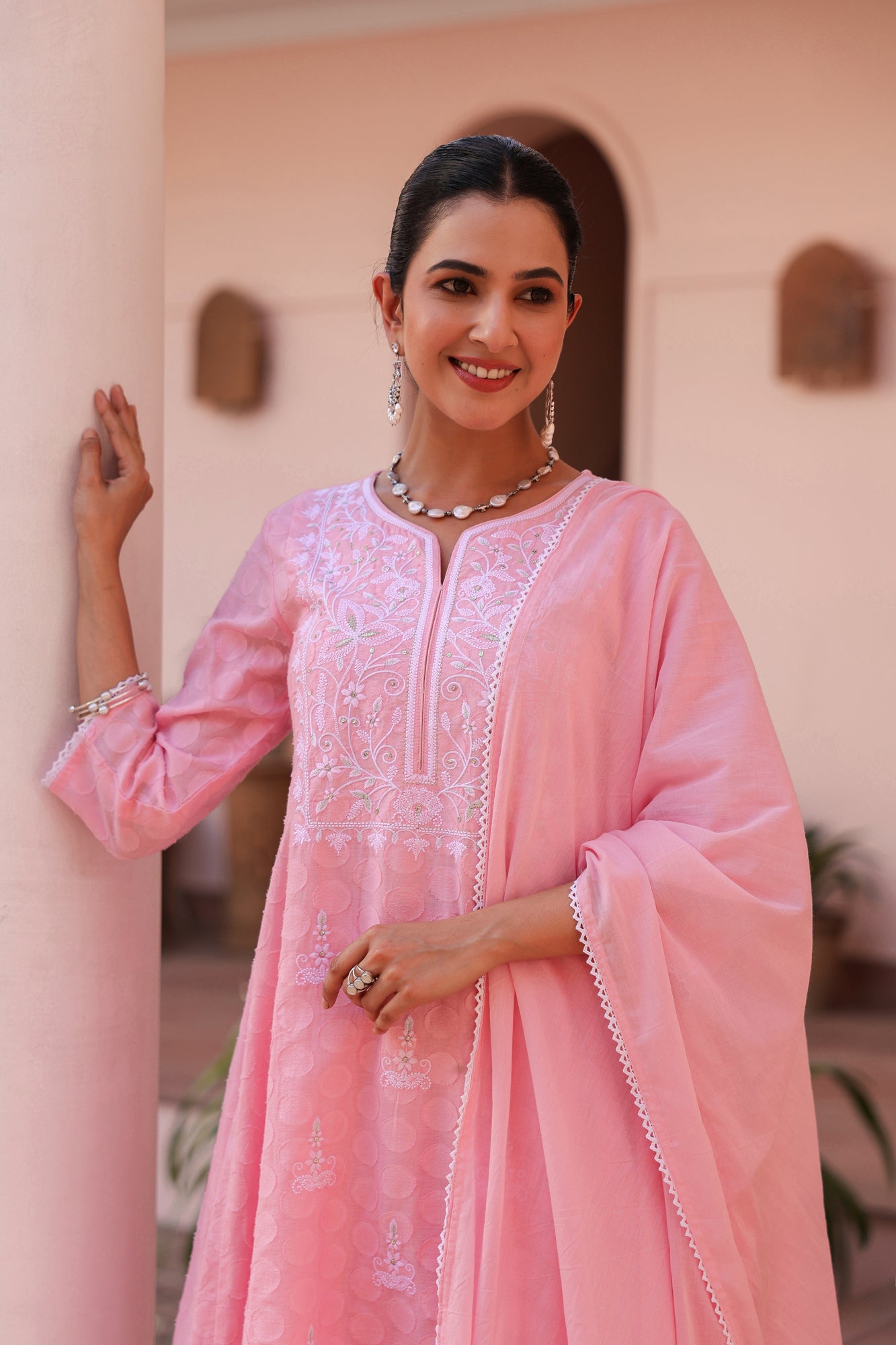 Pink Jacquard Cotton Chikankari Anarkali Set