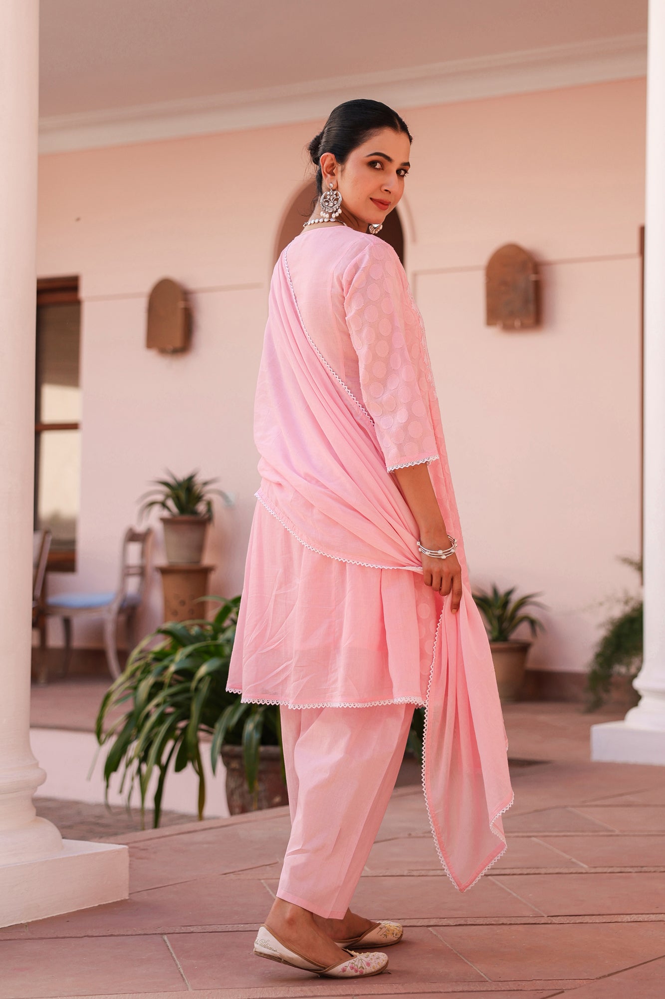 Pink Jacquard Cotton Chikankari Anarkali Set