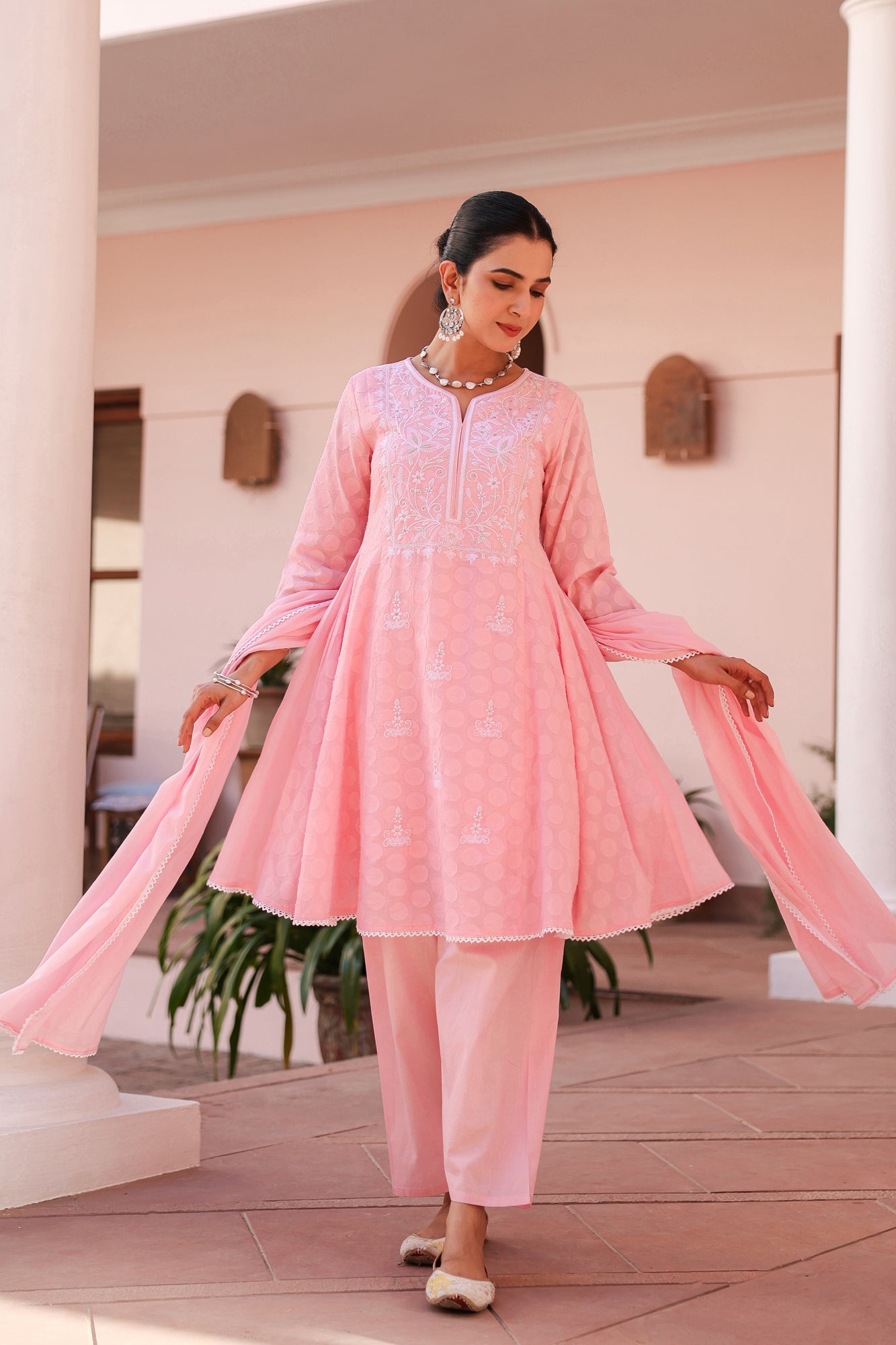 Pink Jacquard Cotton Chikankari Anarkali Set