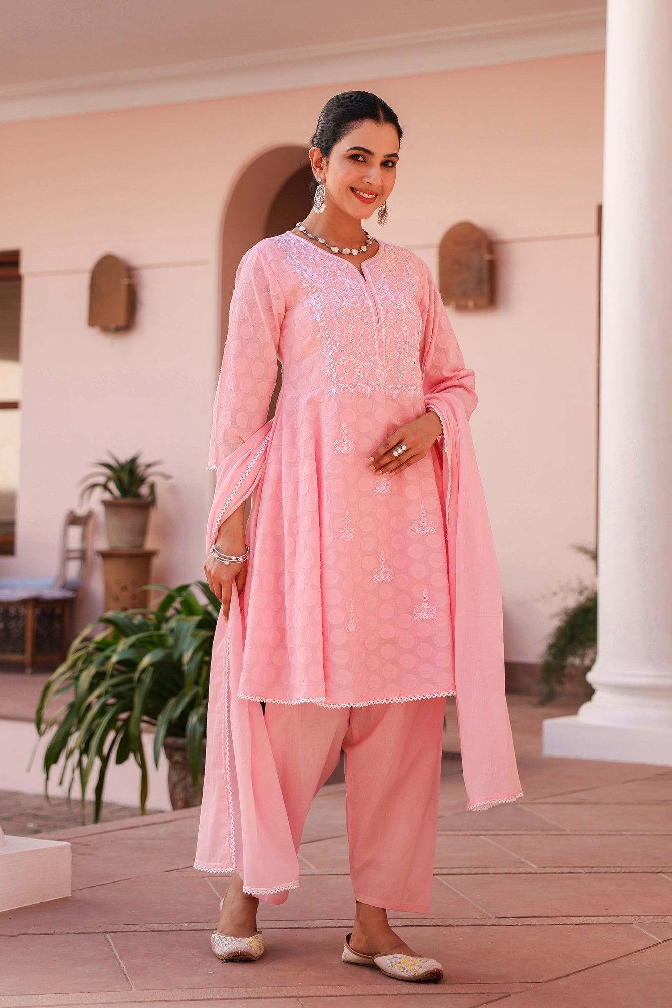 Pink Jacquard Cotton Chikankari Anarkali Set