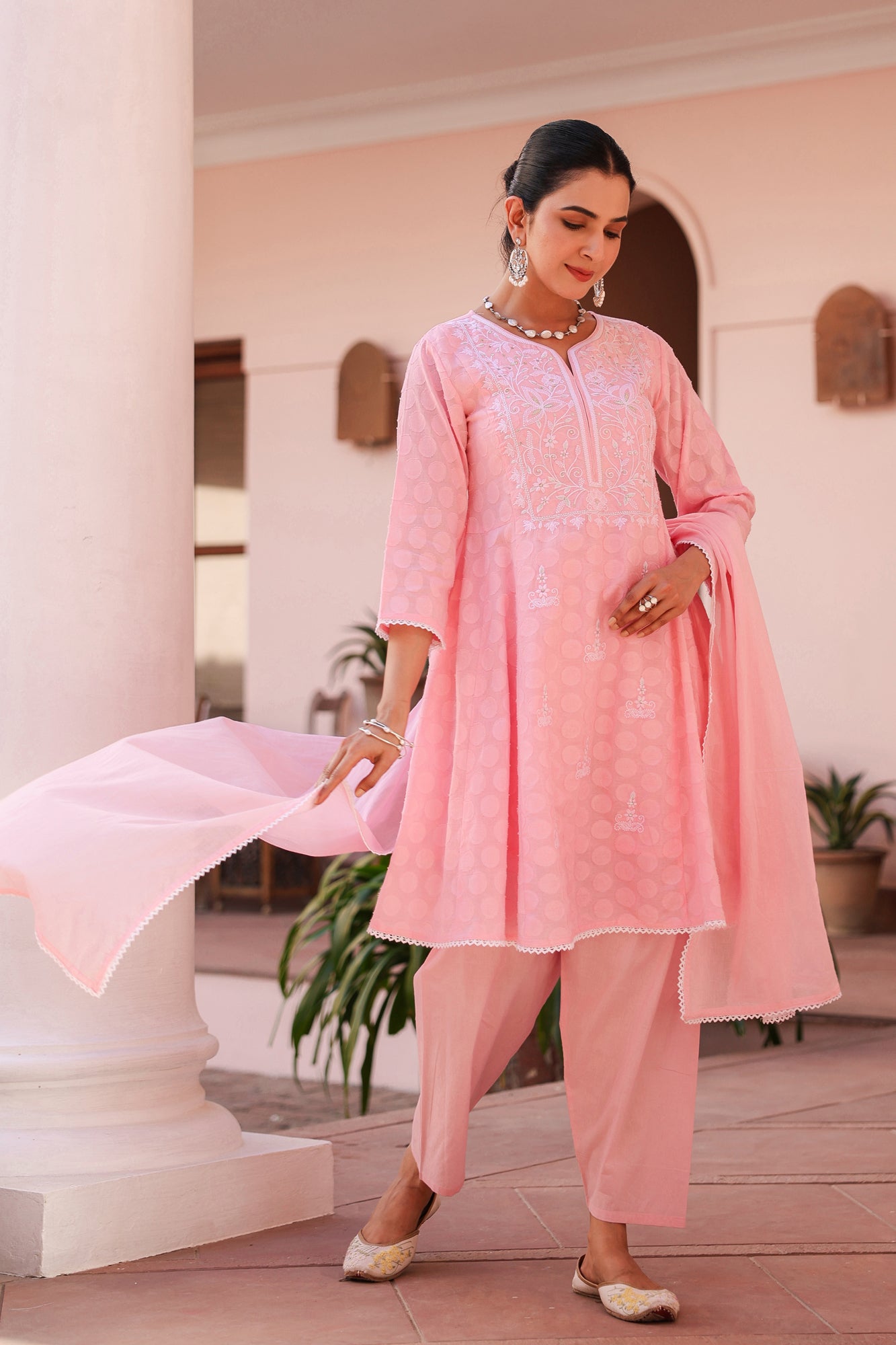 Pink Jacquard Cotton Chikankari Anarkali Set