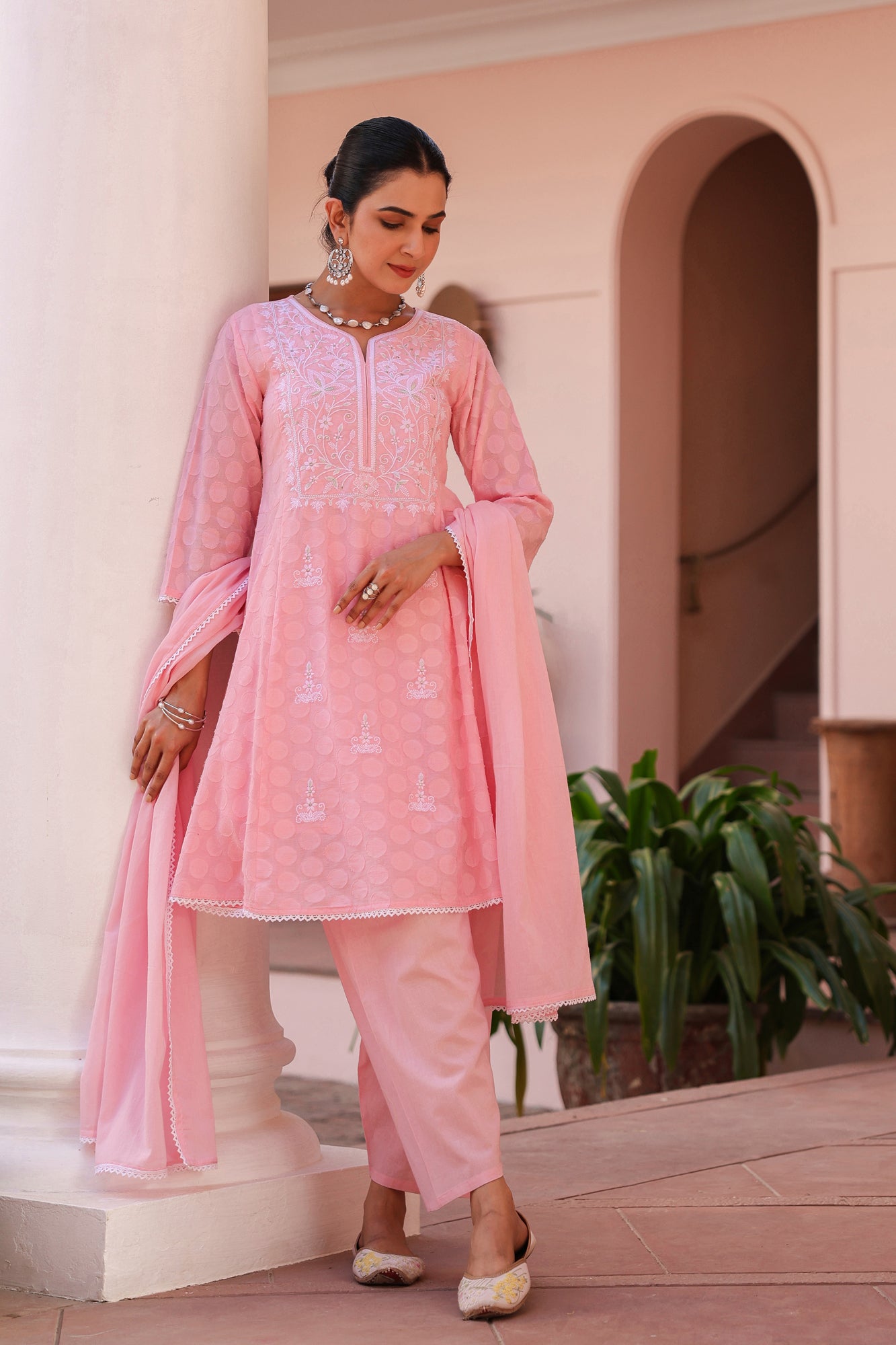 Pink Jacquard Cotton Chikankari Anarkali Set