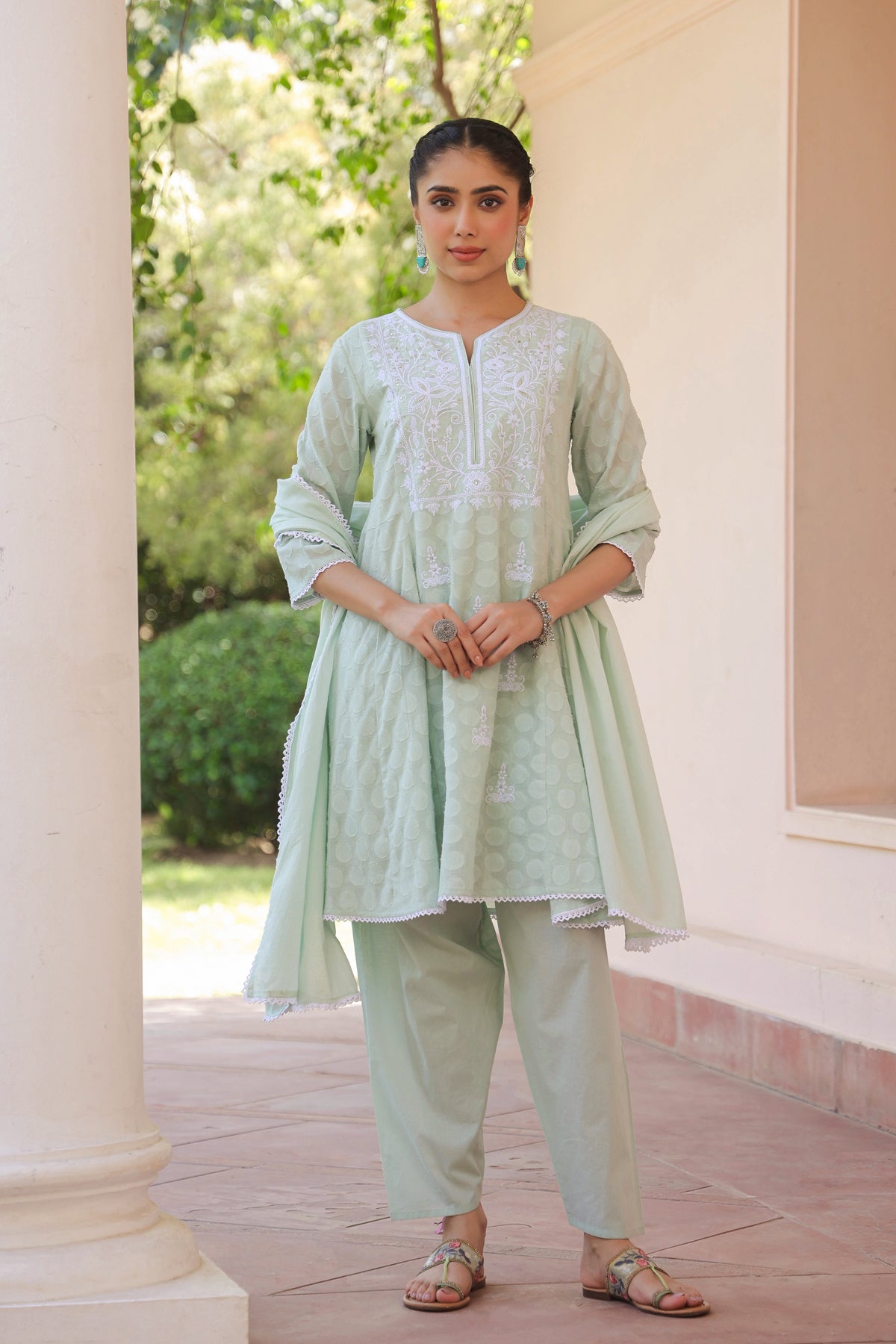 Pistagreen Jacquard Cotton Chikankari Anarkali Set