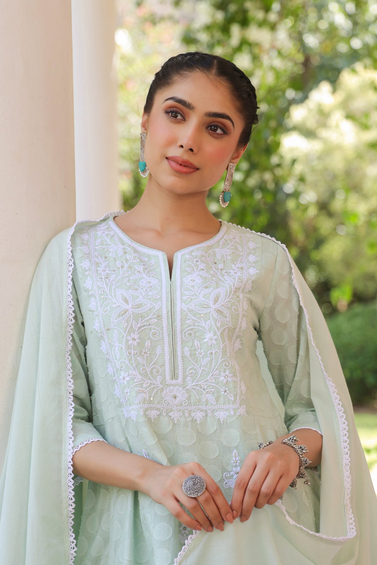 Pistagreen Jacquard Cotton Chikankari Anarkali Set