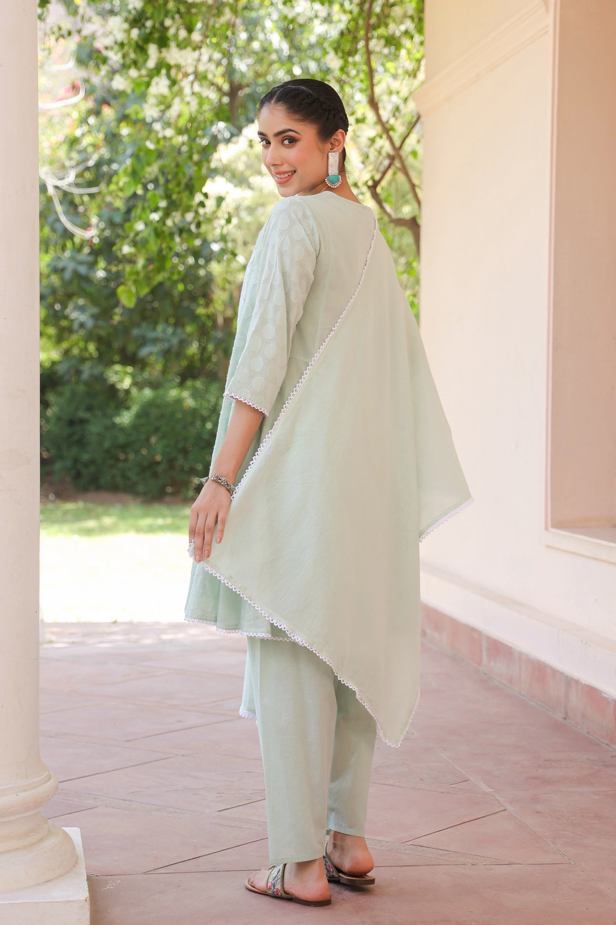 Pistagreen Jacquard Cotton Chikankari Anarkali Set