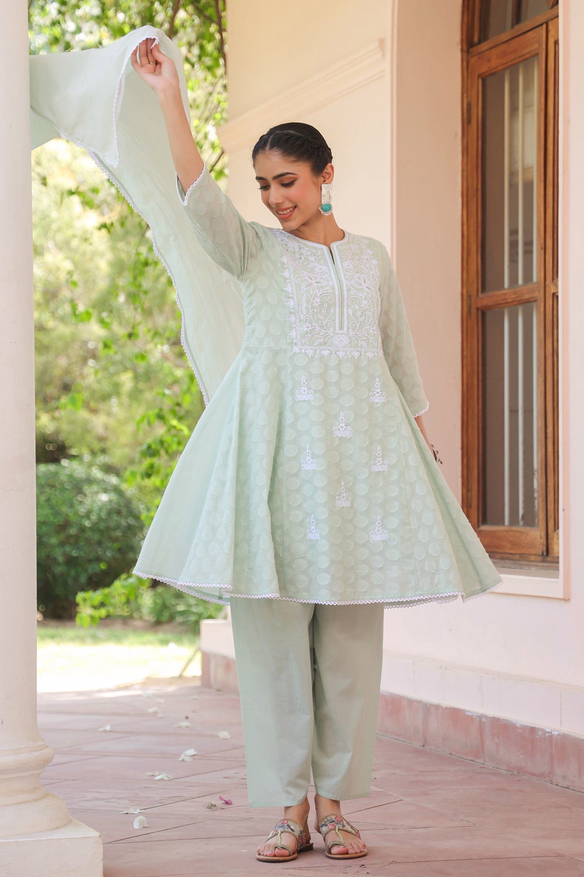 Pistagreen Jacquard Cotton Chikankari Anarkali Set