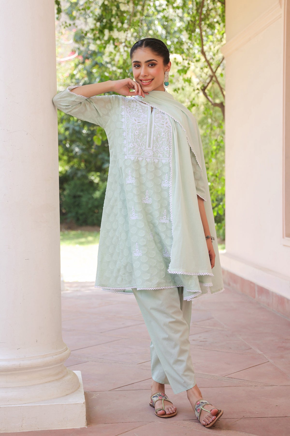 Pistagreen Jacquard Cotton Chikankari Anarkali Set