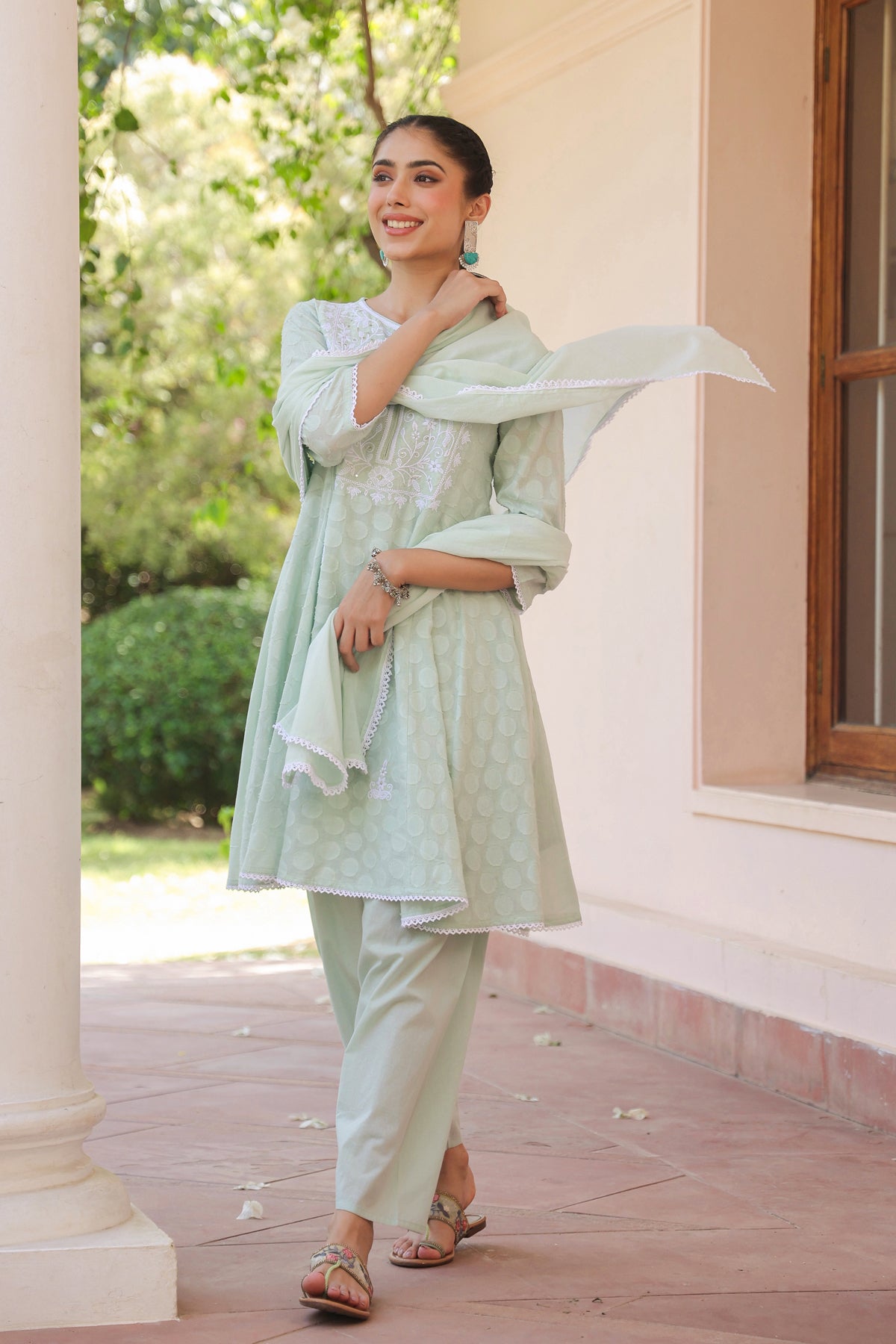 Pistagreen Jacquard Cotton Chikankari Anarkali Set