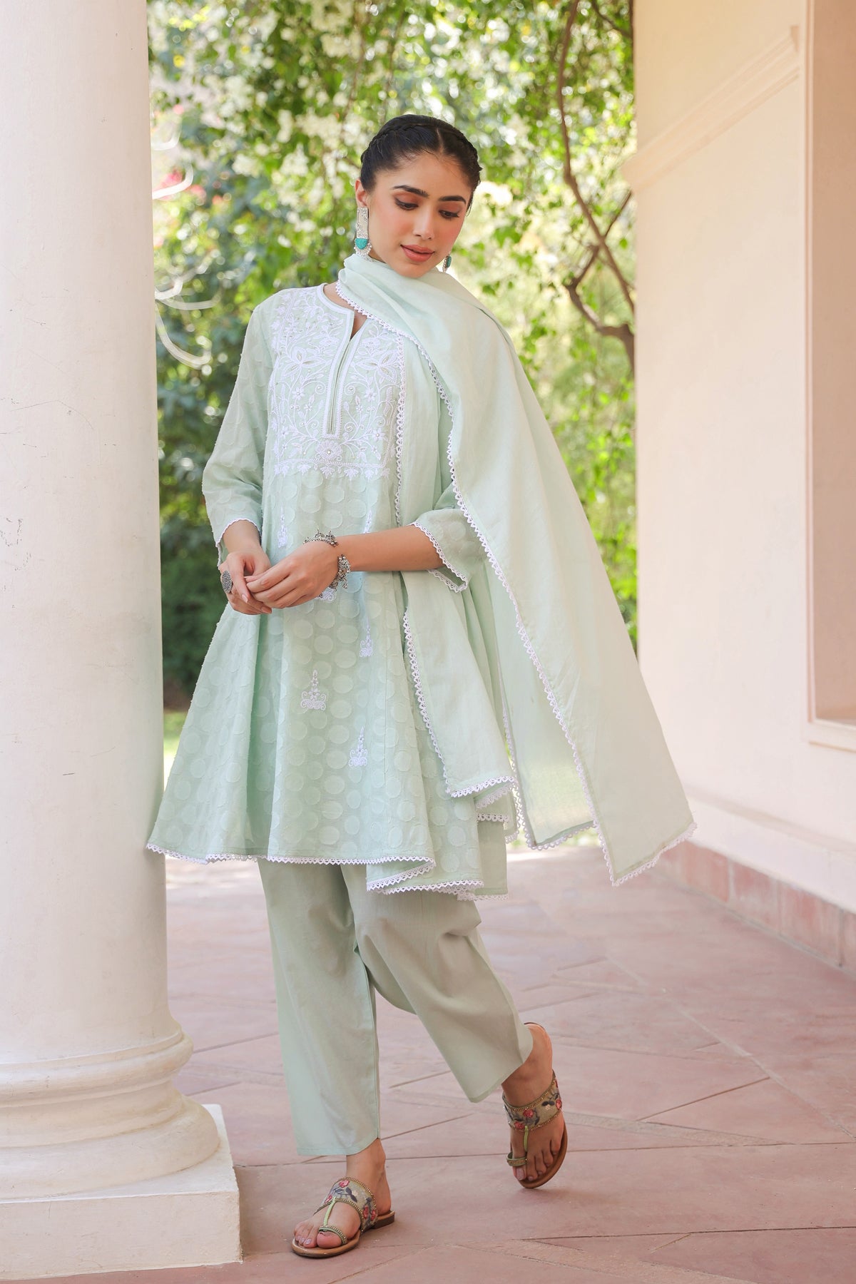 Pistagreen Jacquard Cotton Chikankari Anarkali Set