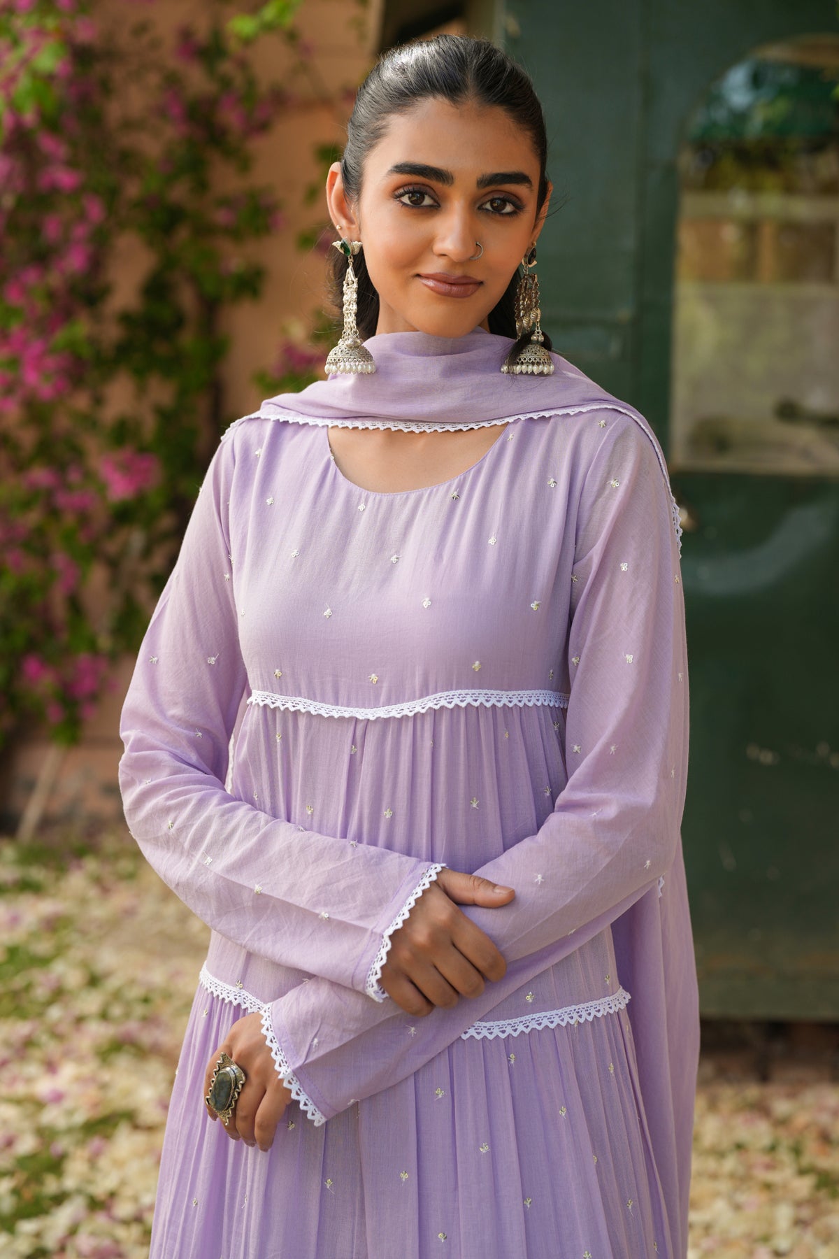Lavender Cotton Mulmul Solid-Sequined Tiered Anarkali Set