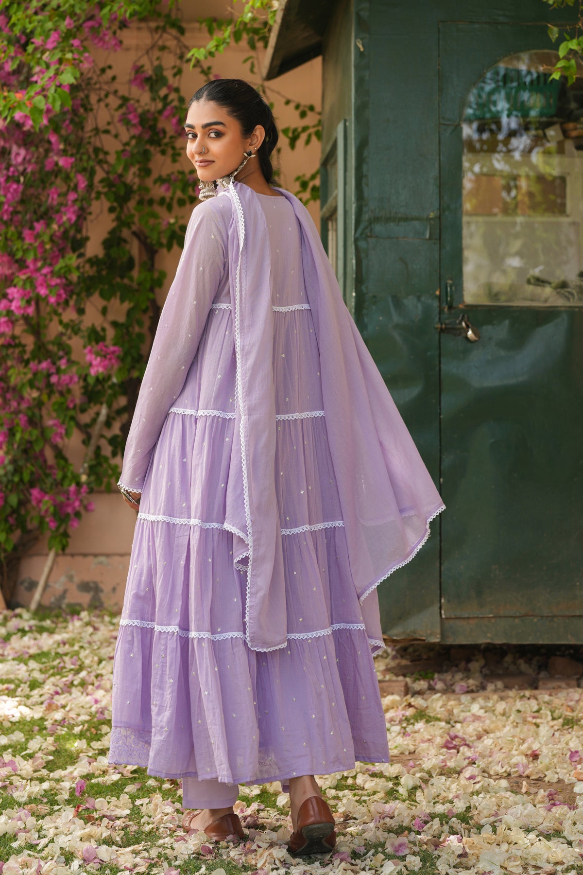 Lavender Cotton Mulmul Solid-Sequined Tiered Anarkali Set