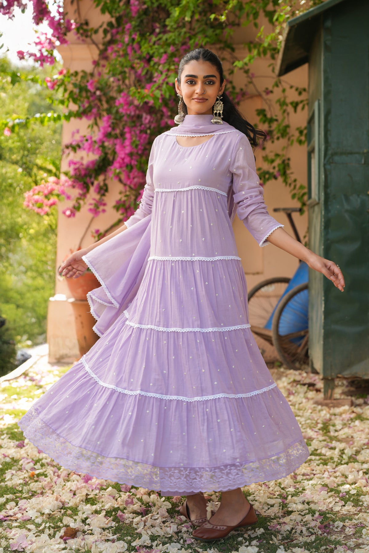 Lavender Cotton Mulmul Solid-Sequined Tiered Anarkali Set