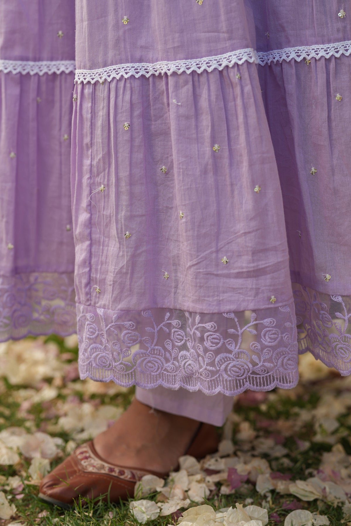 Lavender Cotton Mulmul Solid-Sequined Tiered Anarkali Set
