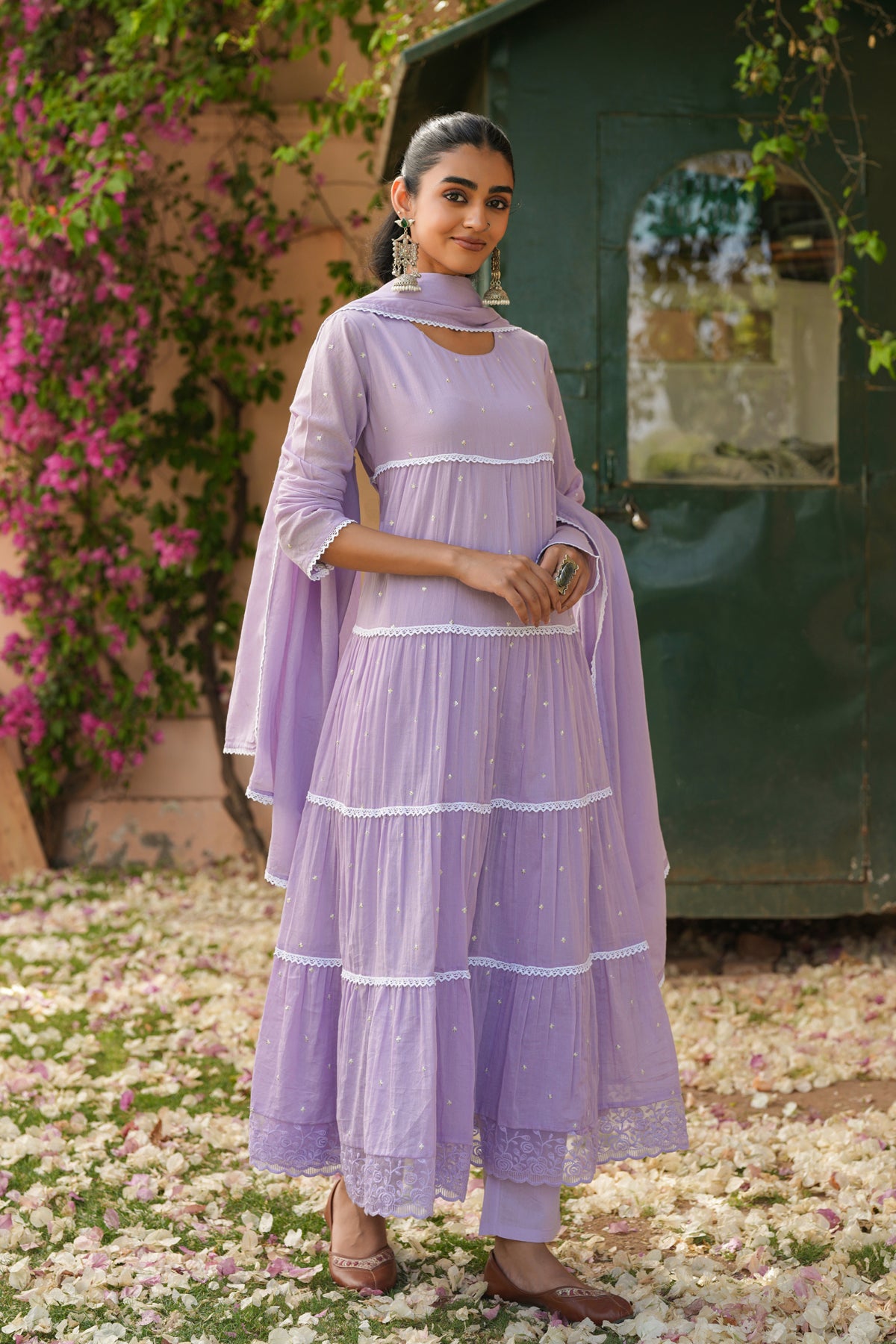Lavender Cotton Mulmul Solid-Sequined Tiered Anarkali Set