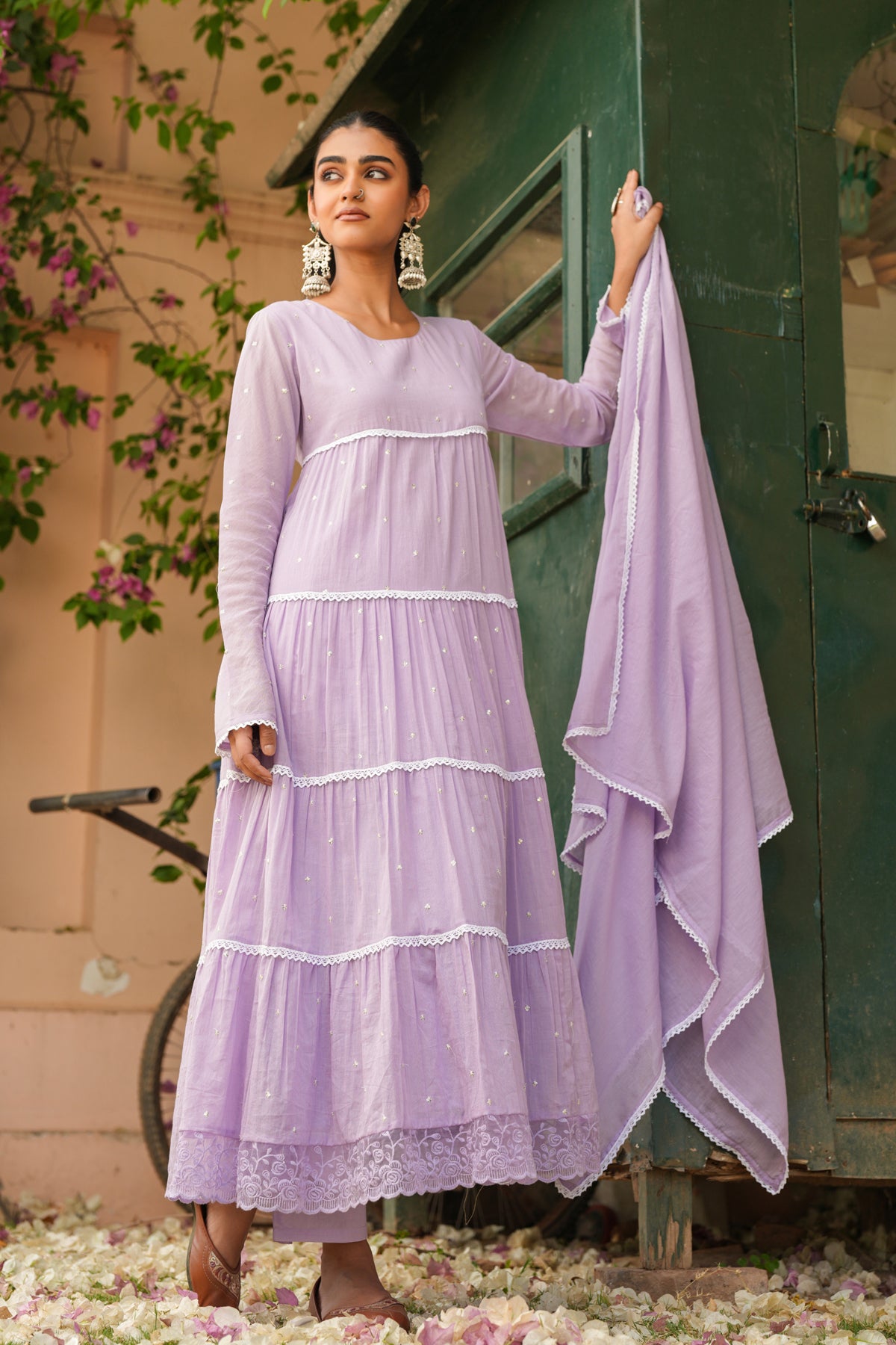 Lavender Cotton Mulmul Solid-Sequined Tiered Anarkali Set
