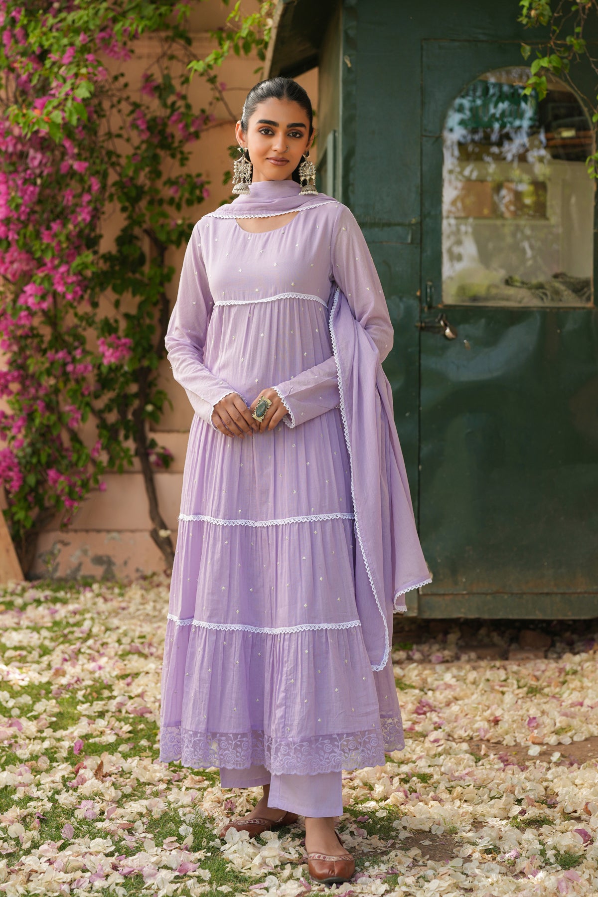 Lavender Cotton Mulmul Solid-Sequined Tiered Anarkali Set