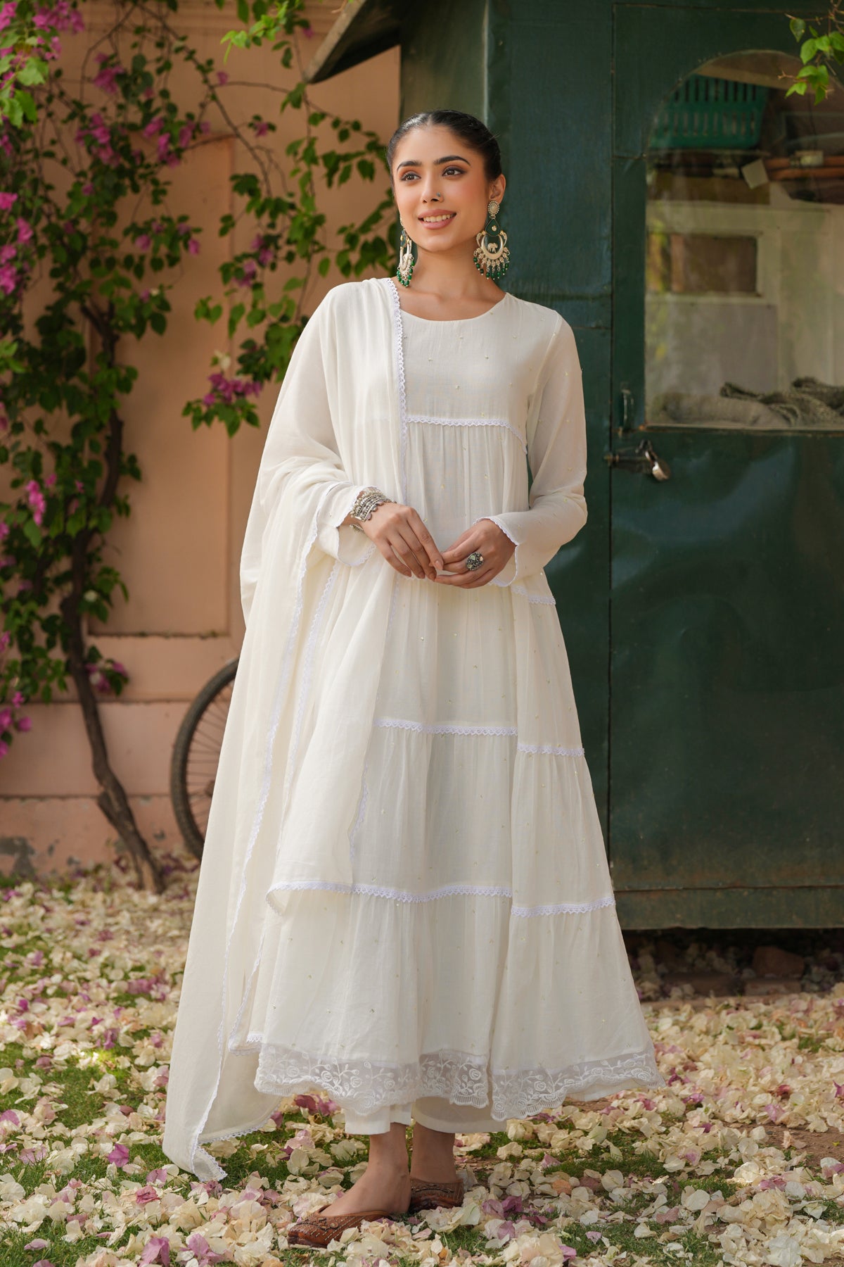 Off-white Cotton Mulmul Solid-Sequined Tiered Anarkali Set