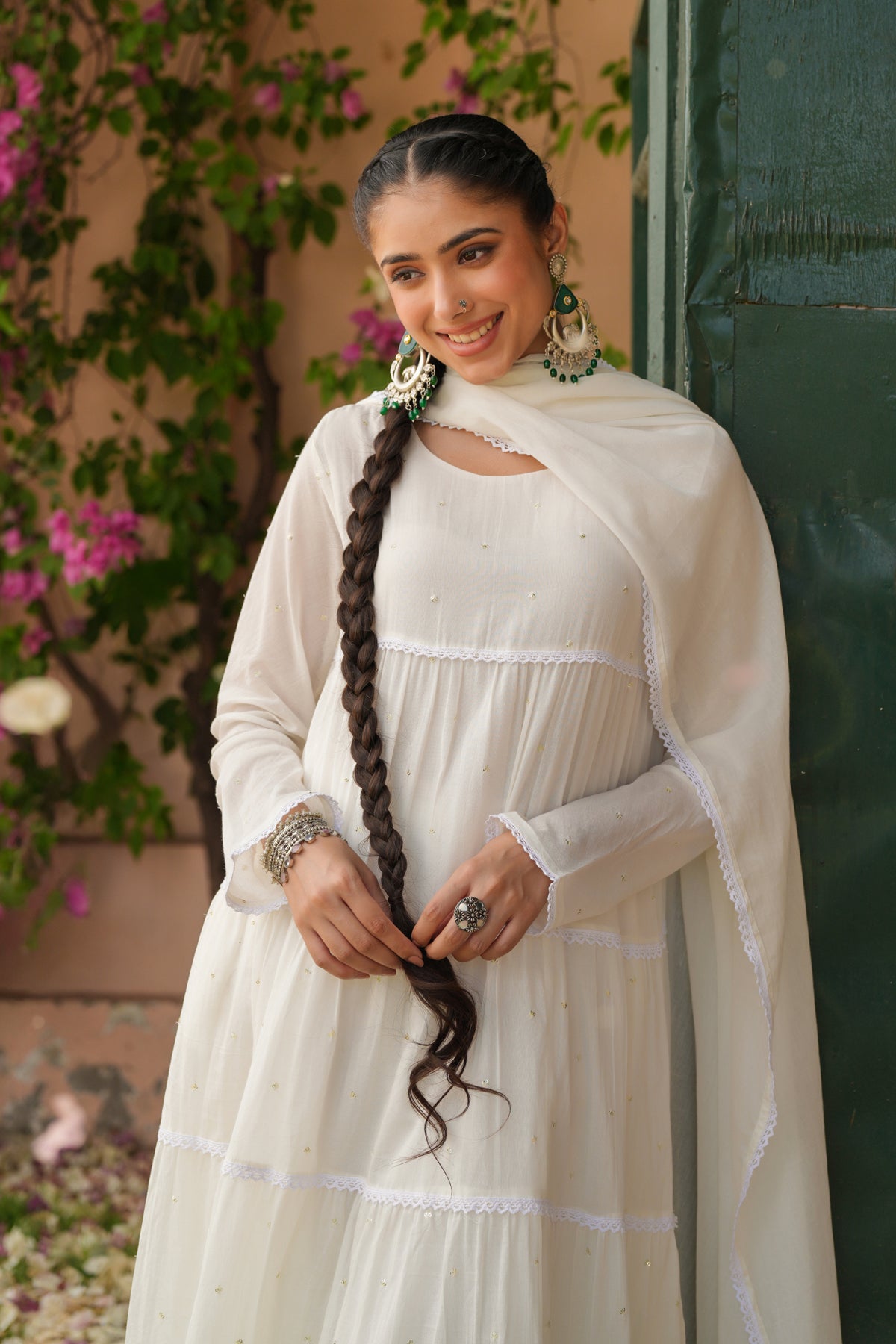 Off-white Cotton Mulmul Solid-Sequined Tiered Anarkali Set