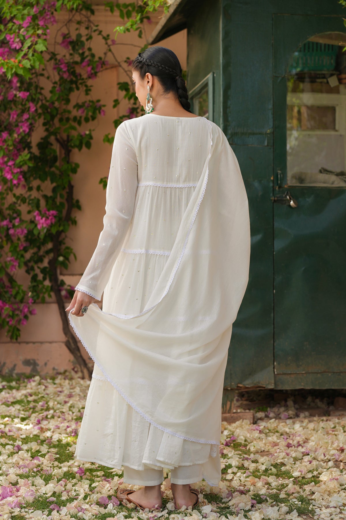Off-white Cotton Mulmul Solid-Sequined Tiered Anarkali Set