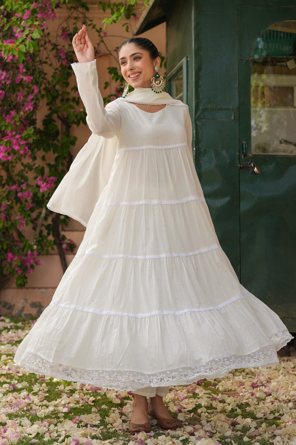 Off-white Cotton Mulmul Solid-Sequined Tiered Anarkali Set