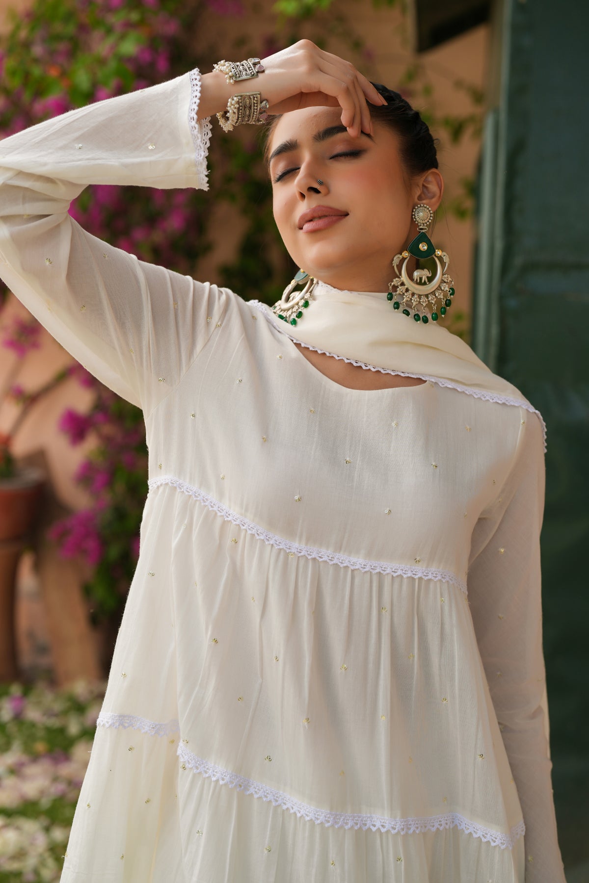 Off-white Cotton Mulmul Solid-Sequined Tiered Anarkali Set