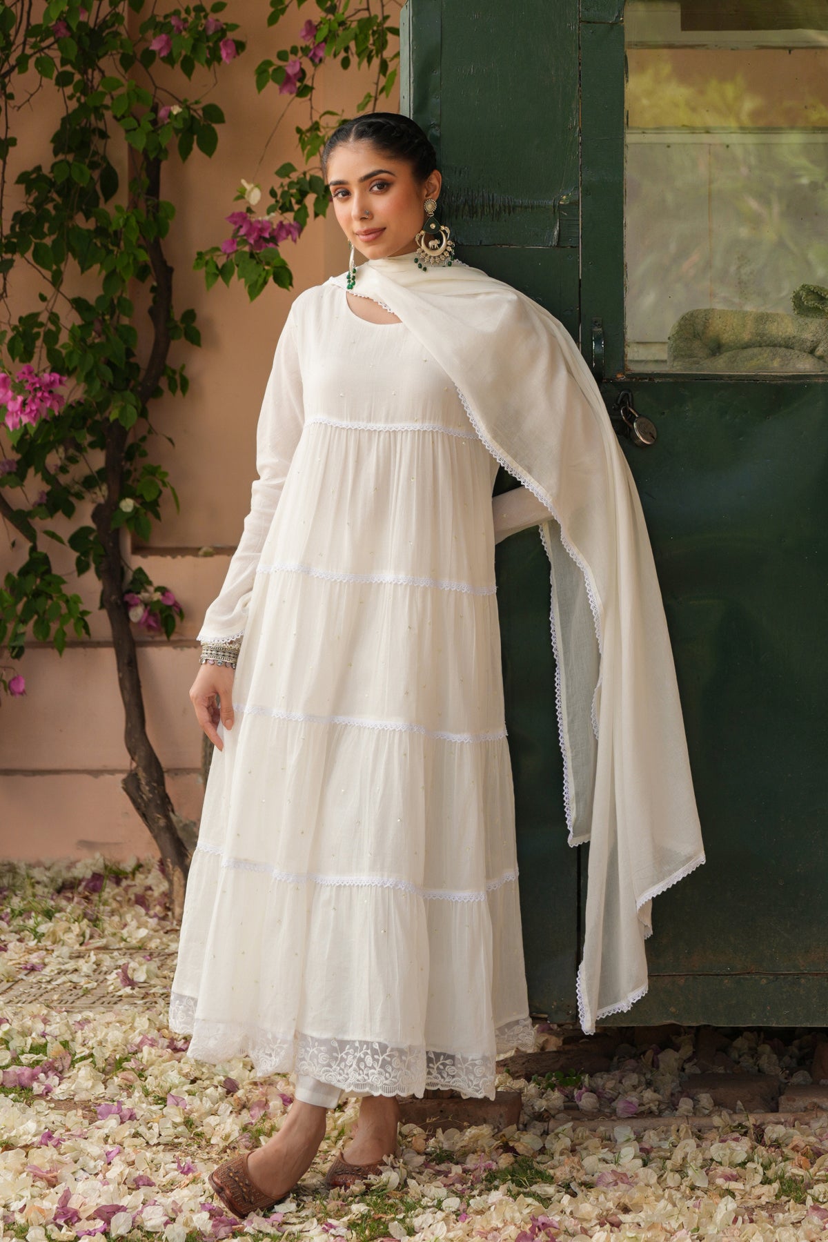 Off-white Cotton Mulmul Solid-Sequined Tiered Anarkali Set