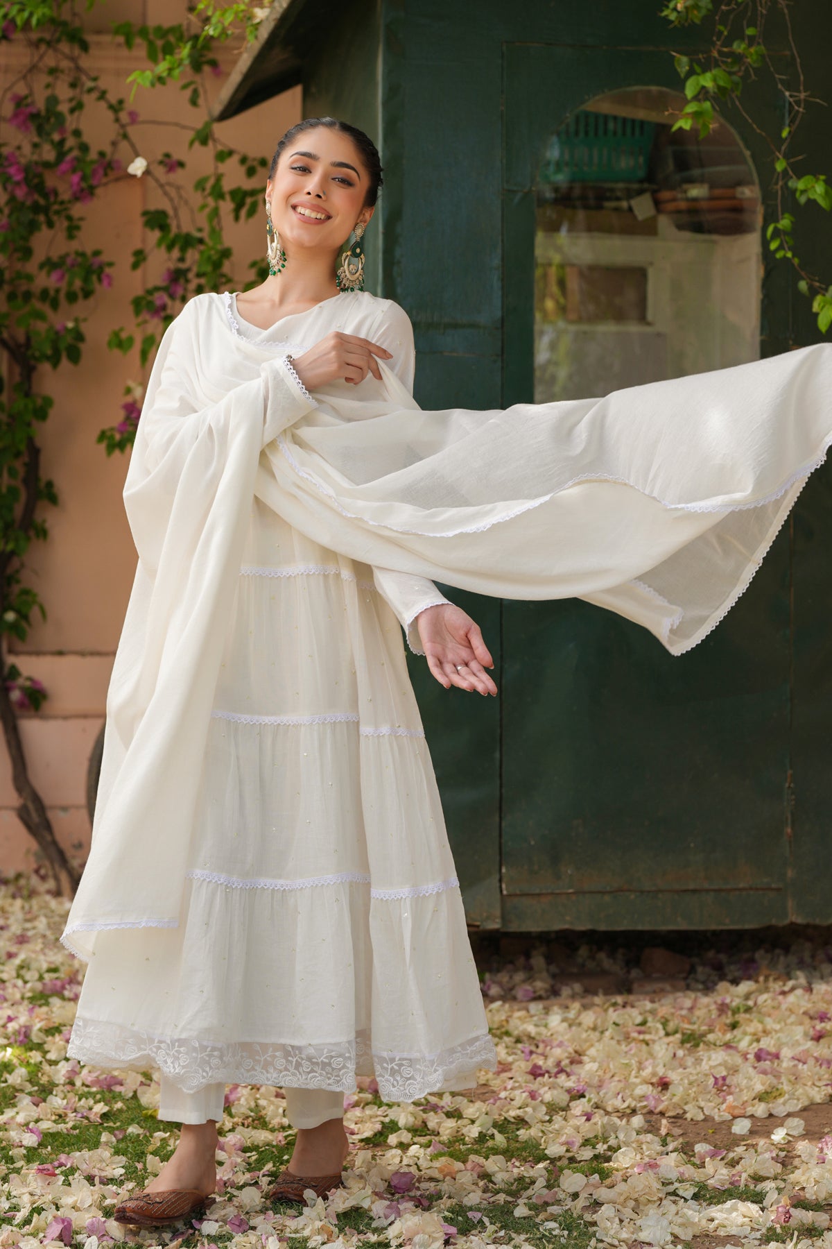 Off-white Cotton Mulmul Solid-Sequined Tiered Anarkali Set
