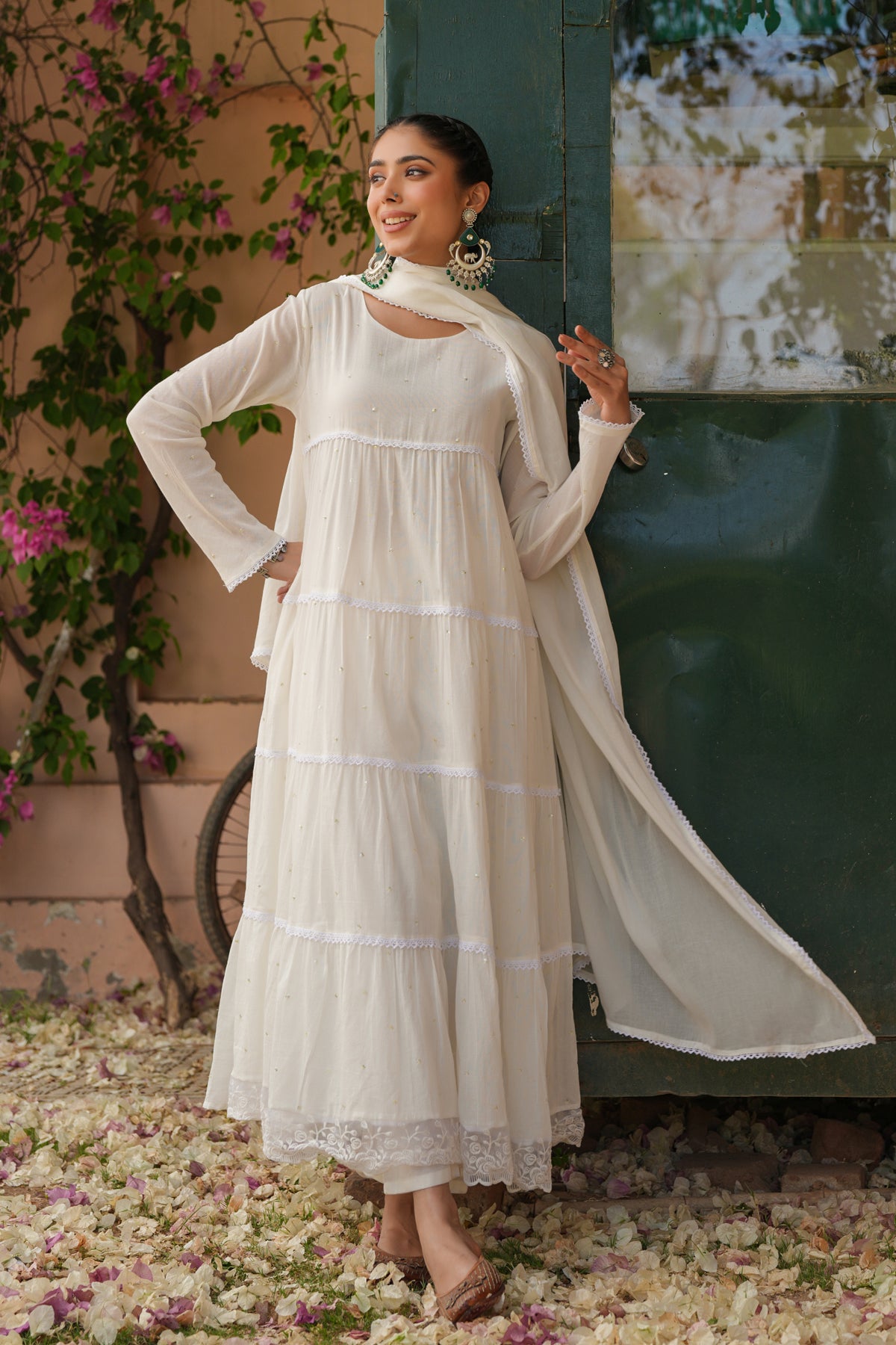 Off-white Cotton Mulmul Solid-Sequined Tiered Anarkali Set