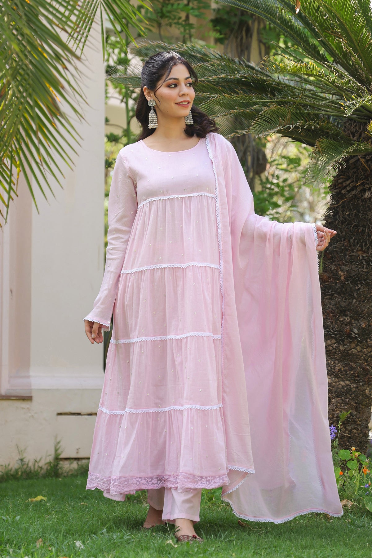 Pink Cotton Mulmul Solid-Sequined Tiered Anarkali Set