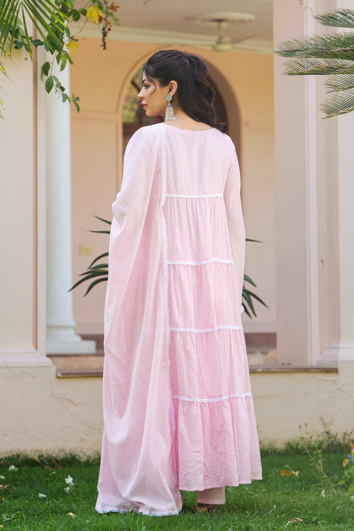Pink Cotton Mulmul Solid-Sequined Tiered Anarkali Set