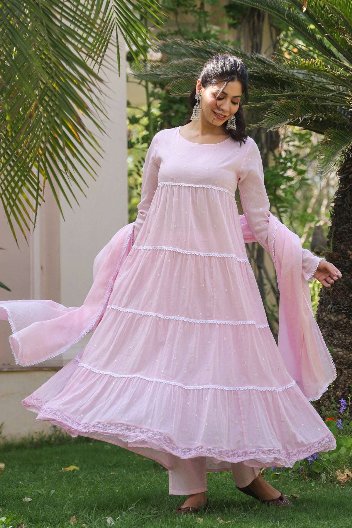 Pink Cotton Mulmul Solid-Sequined Tiered Anarkali Set