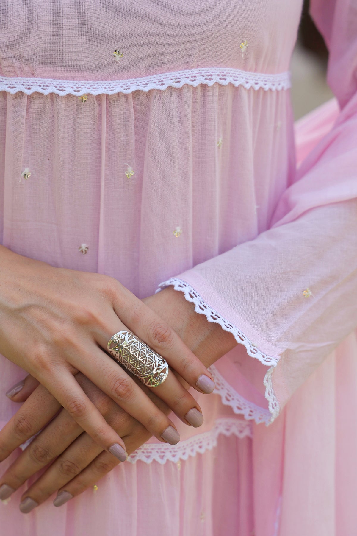 Pink Cotton Mulmul Solid-Sequined Tiered Anarkali Set