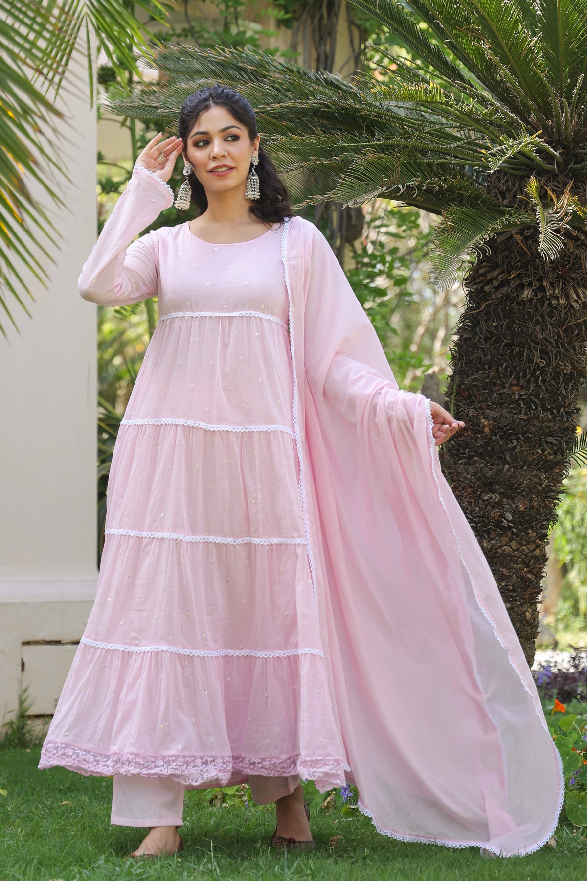 Pink Cotton Mulmul Solid-Sequined Tiered Anarkali Set