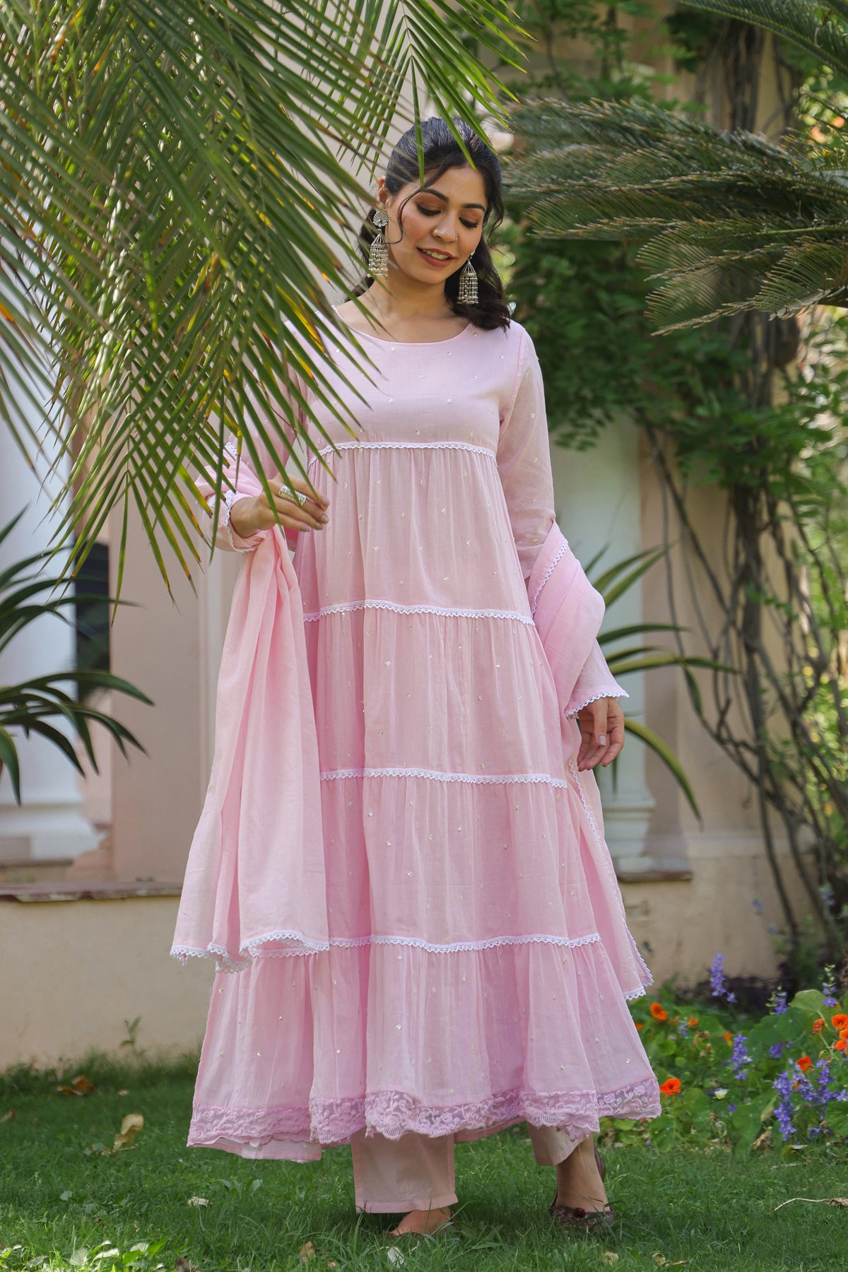 Pink Cotton Mulmul Solid-Sequined Tiered Anarkali Set