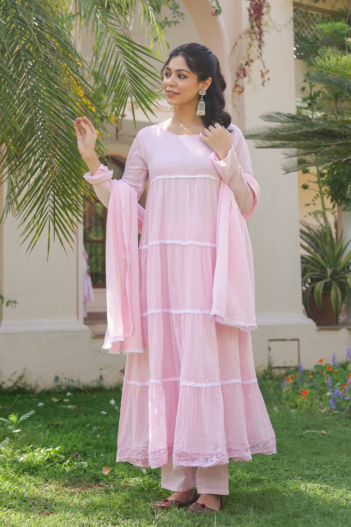 Pink Cotton Mulmul Solid-Sequined Tiered Anarkali Set