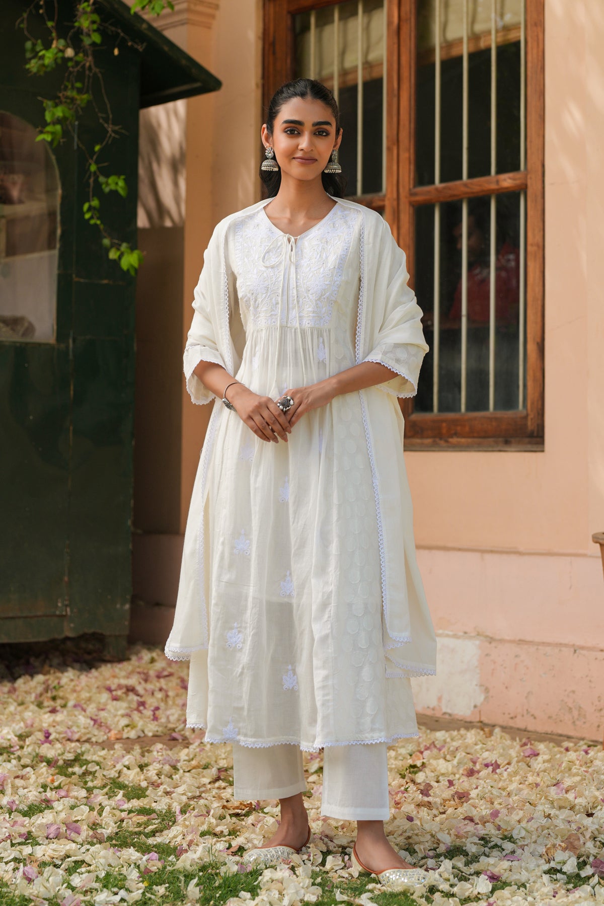 Off-white Jacquard Cotton Chikankari Anarkali Set