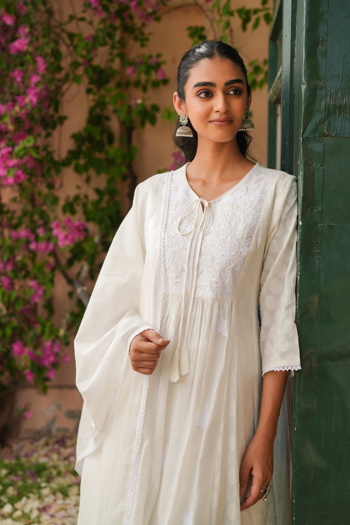 Off-white Jacquard Cotton Chikankari Anarkali Set