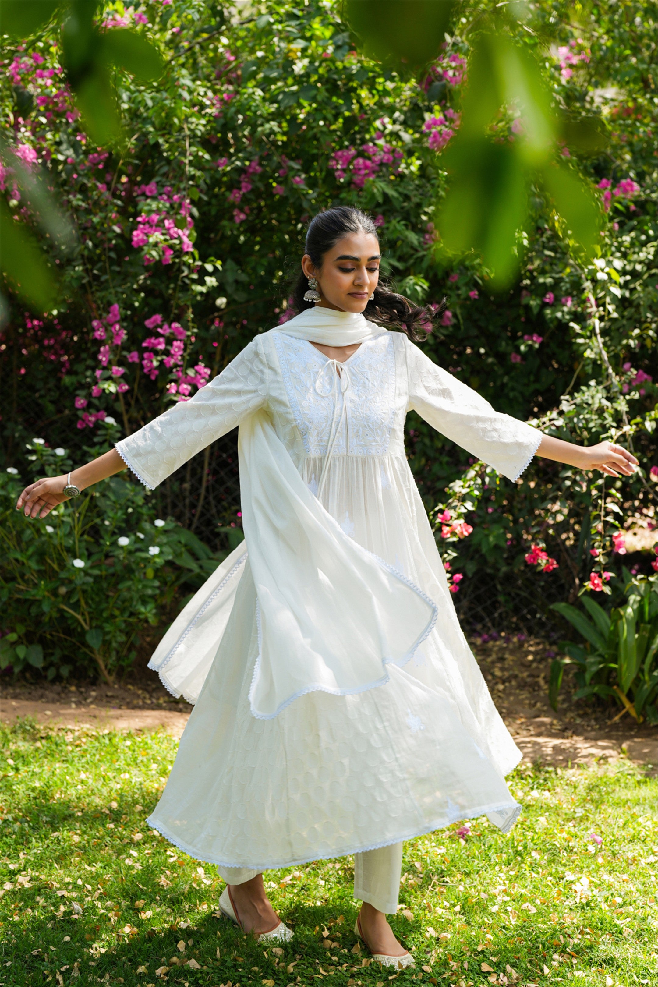 Off-white Jacquard Cotton Chikankari Anarkali Set