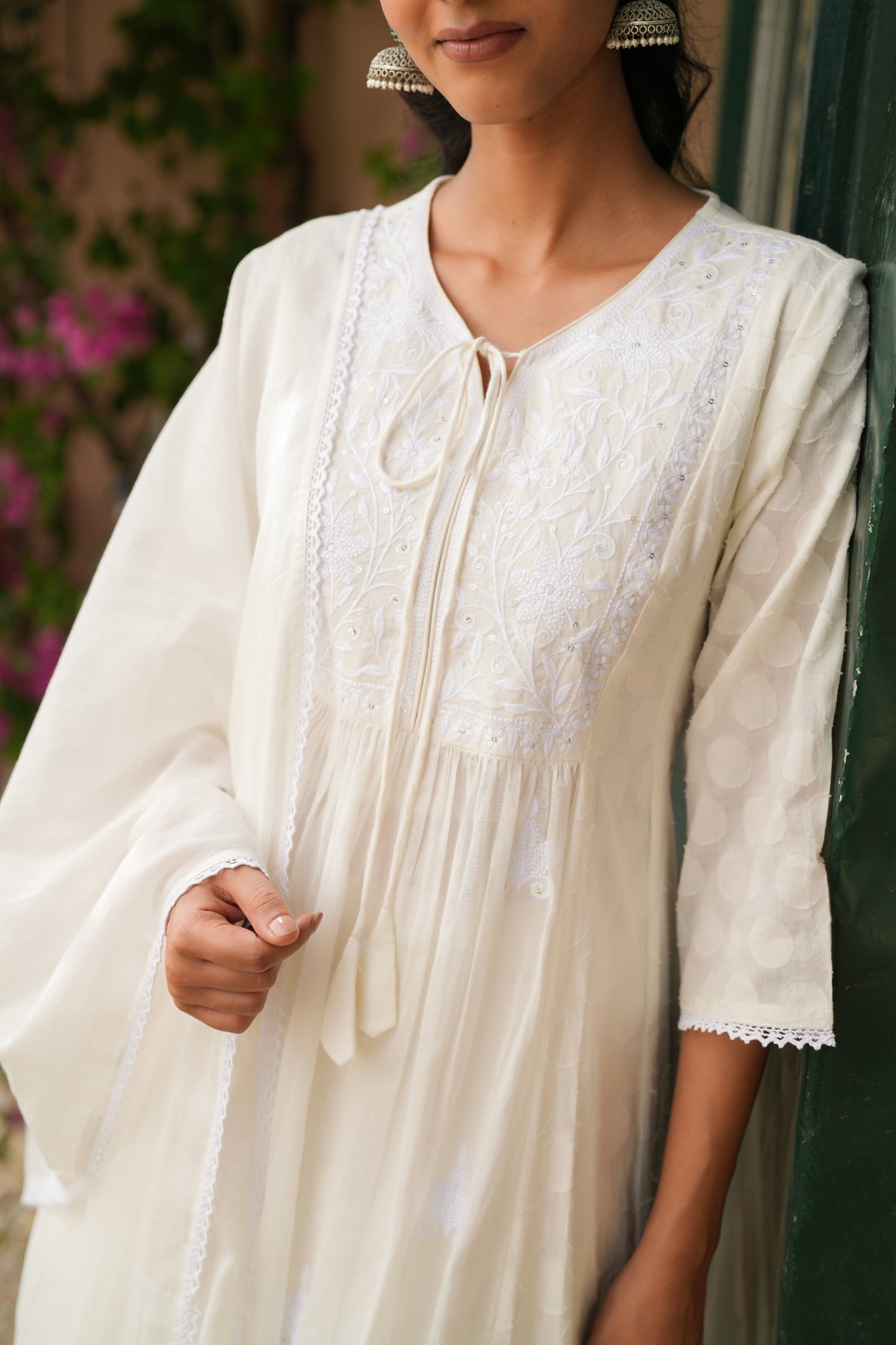 Off-white Jacquard Cotton Chikankari Anarkali Set
