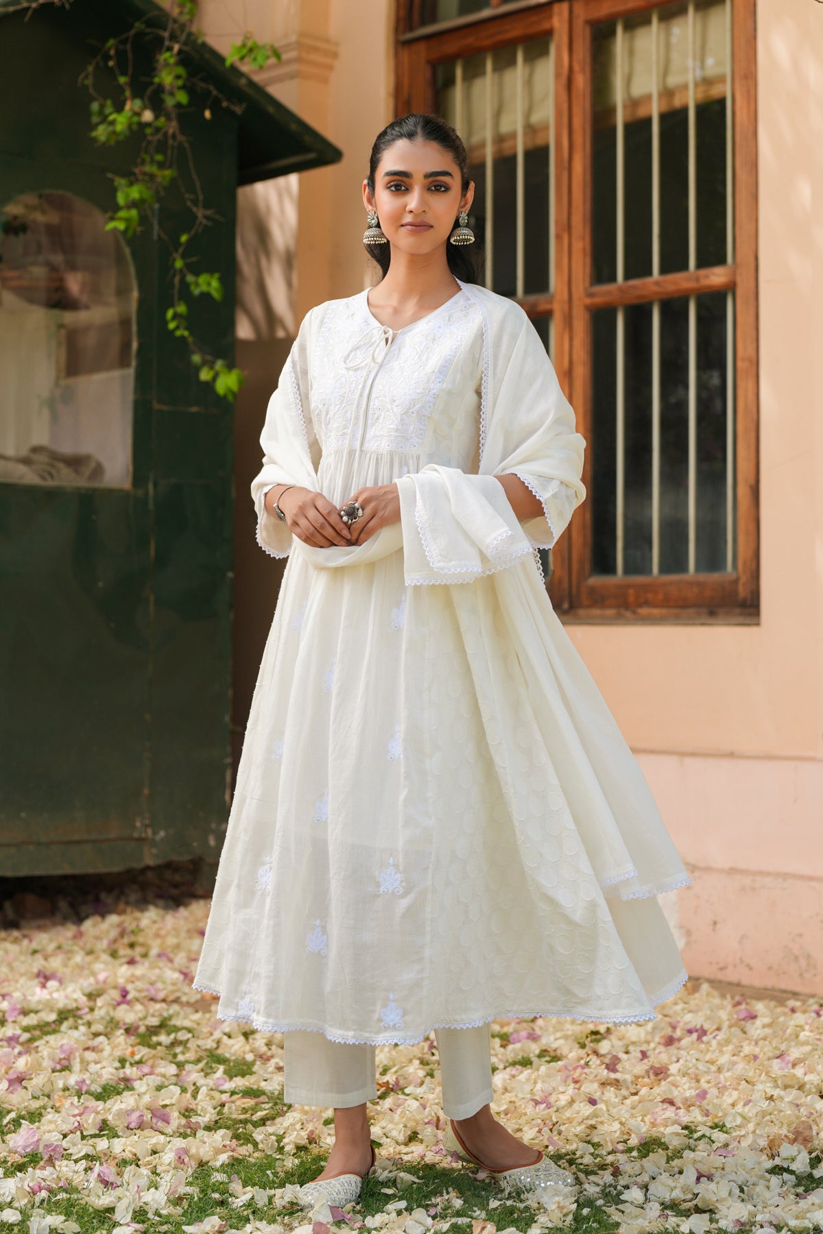 Off-white Jacquard Cotton Chikankari Anarkali Set