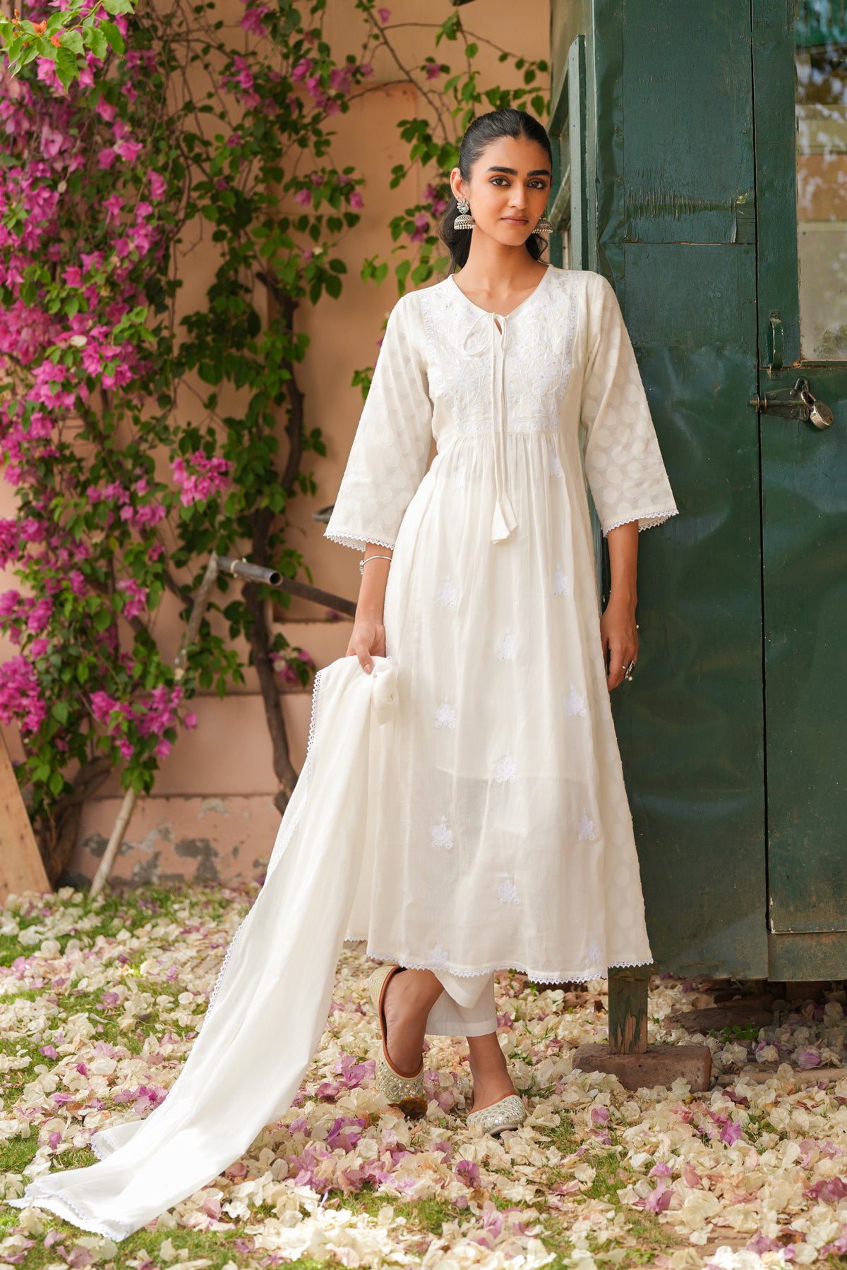 Off-white Jacquard Cotton Chikankari Anarkali Set