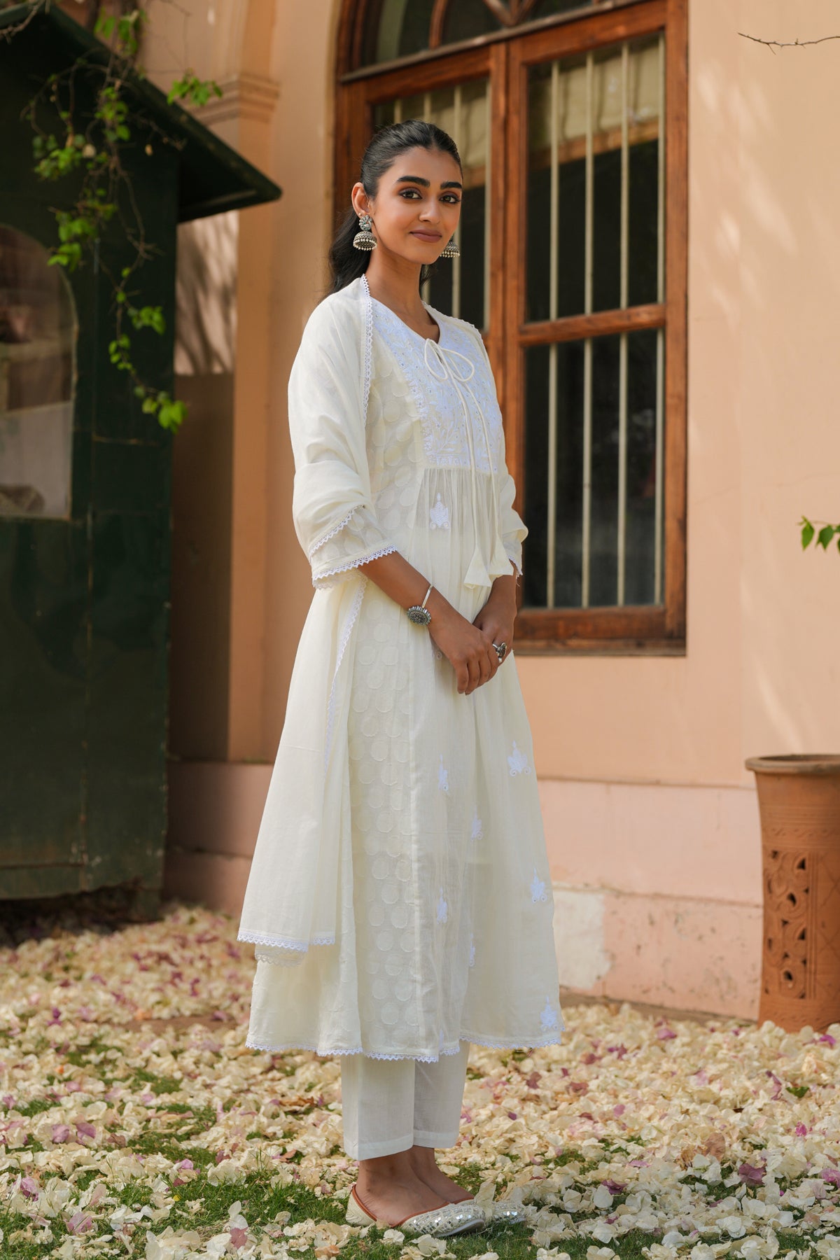 Off-white Jacquard Cotton Chikankari Anarkali Set